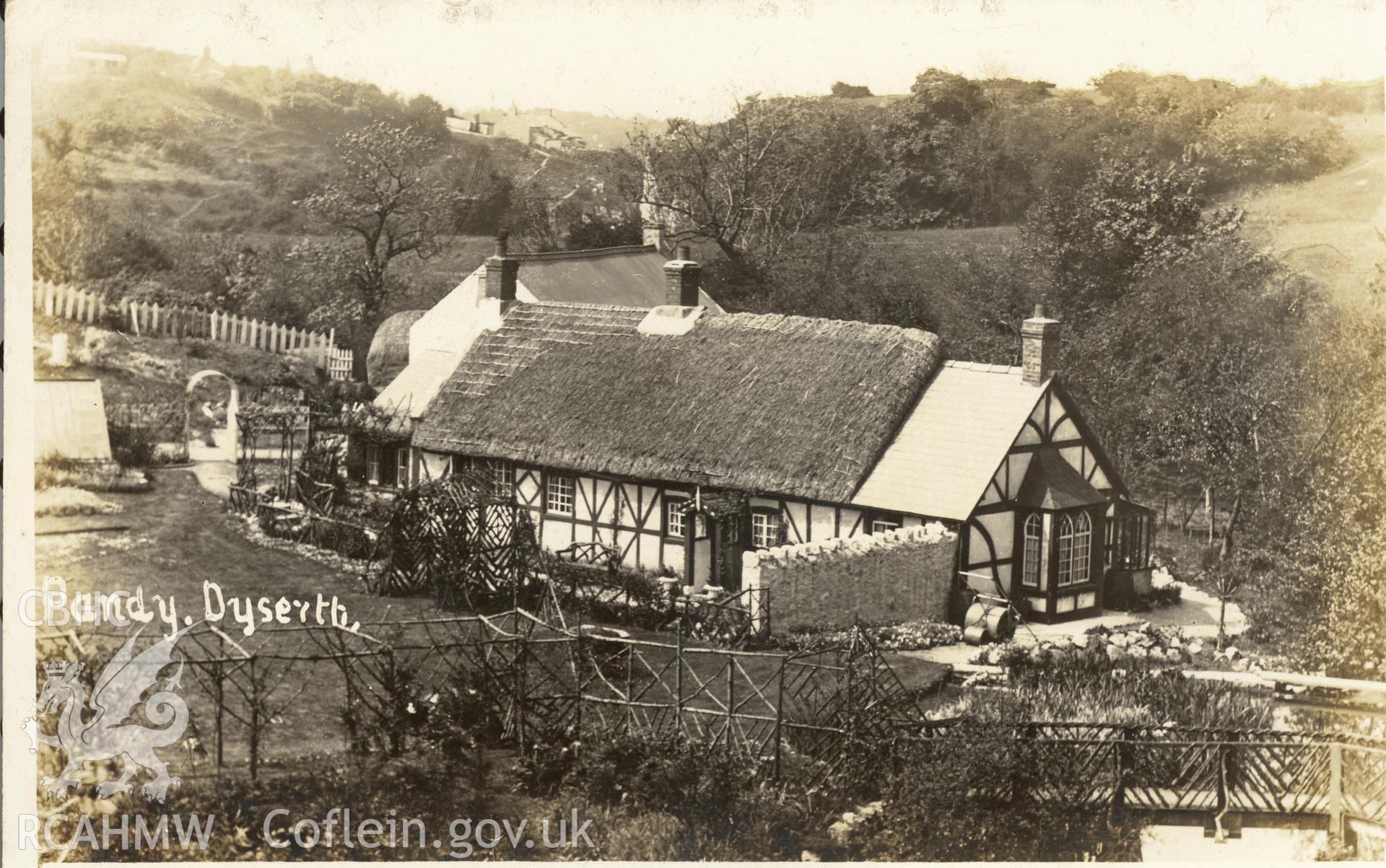 Digitised postcard image of Pandy Lane fulling mill house, Dyserth. Produced by Parks and Gardens Data Services, from an original item in the Peter Davis Collection at Parks and Gardens UK. We hold only web-resolution images of this collection, suitable for viewing on screen and for research purposes only. We do not hold the original images, or publication quality scans.