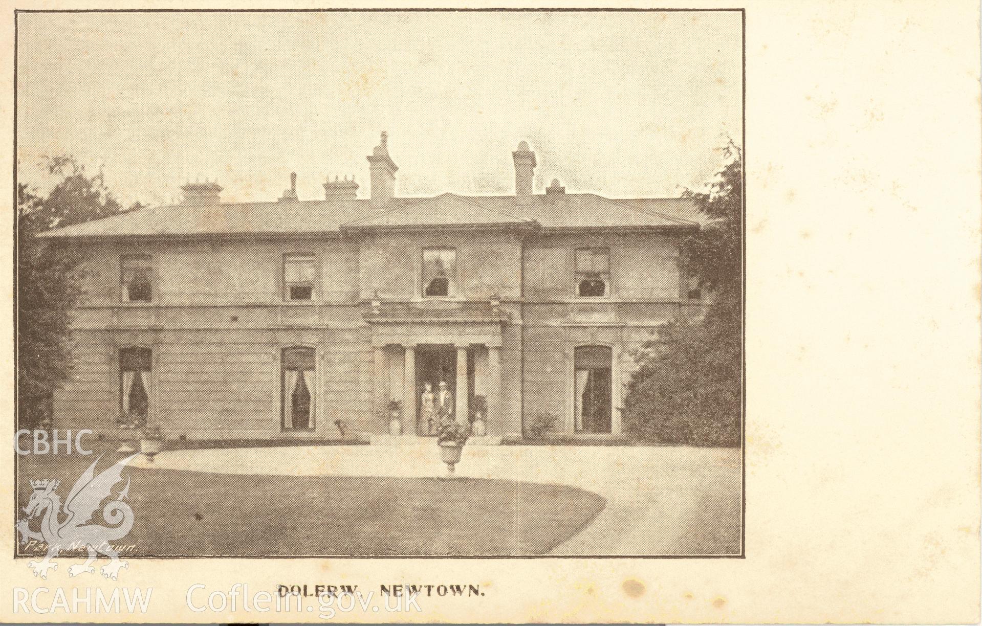 Digitised postcard image of Dolerw, Newtown, Park and Son, Newtown. Produced by Parks and Gardens Data Services, from an original item in the Peter Davis Collection at Parks and Gardens UK. We hold only web-resolution images of this collection, suitable for viewing on screen and for research purposes only. We do not hold the original images, or publication quality scans.