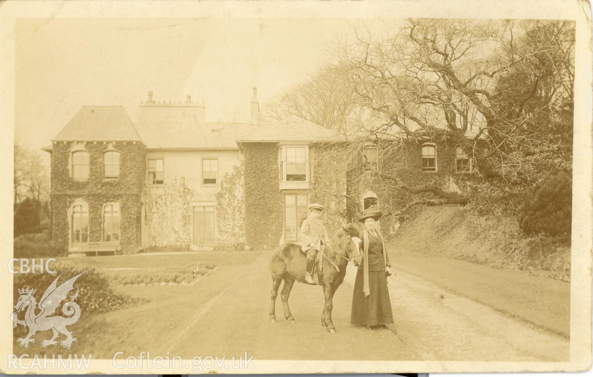 Digitised postcard image of Glanmor, Swansea, with figures and pony, Reliable Series. Produced by Parks and Gardens Data Services, from an original item in the Peter Davis Collection at Parks and Gardens UK. We hold only web-resolution images of this collection, suitable for viewing on screen and for research purposes only. We do not hold the original images, or publication quality scans.