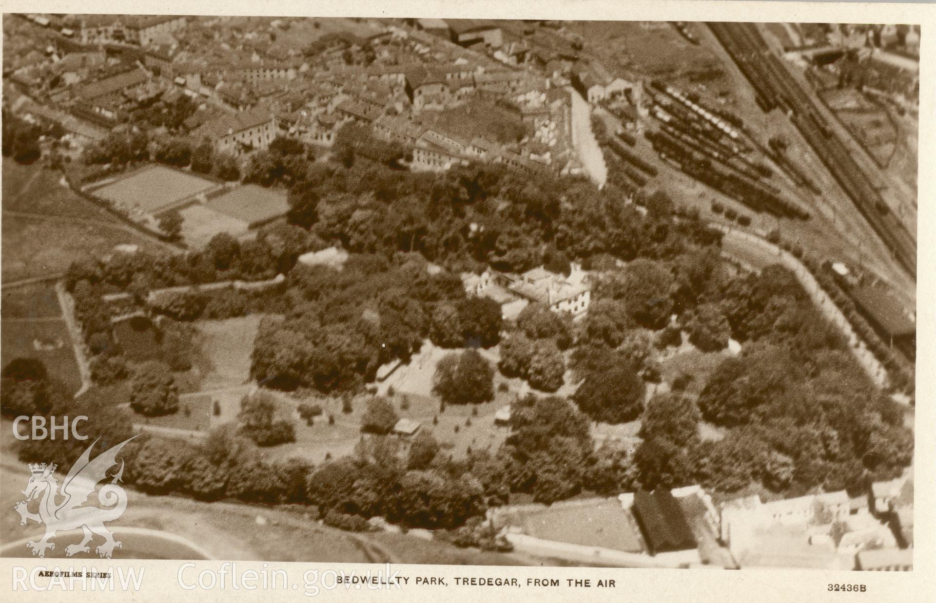 Digitised postcard image of aerial view of Bedwellty Park, Tredegar, Aerofilms Ltd. Produced by Parks and Gardens Data Services, from an original item in the Peter Davis Collection at Parks and Gardens UK. We hold only web-resolution images of this collection, suitable for viewing on screen and for research purposes only. We do not hold the original images, or publication quality scans.