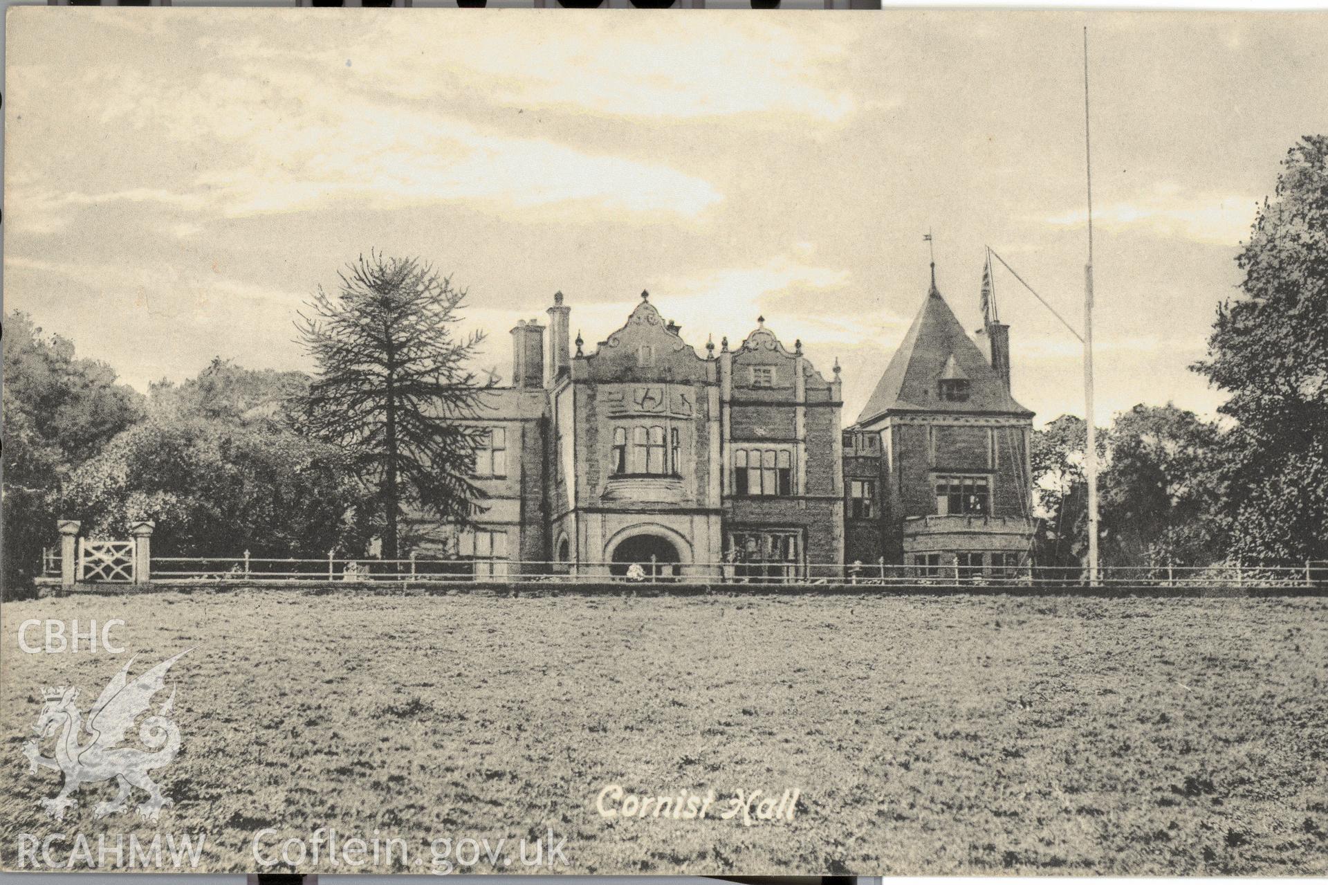 Digitised postcard image of Cornist Hall, Flint, J.E. Gunning, Borough Printing Works, Flint. Produced by Parks and Gardens Data Services, from an original item in the Peter Davis Collection at Parks and Gardens UK. We hold only web-resolution images of this collection, suitable for viewing on screen and for research purposes only. We do not hold the original images, or publication quality scans.