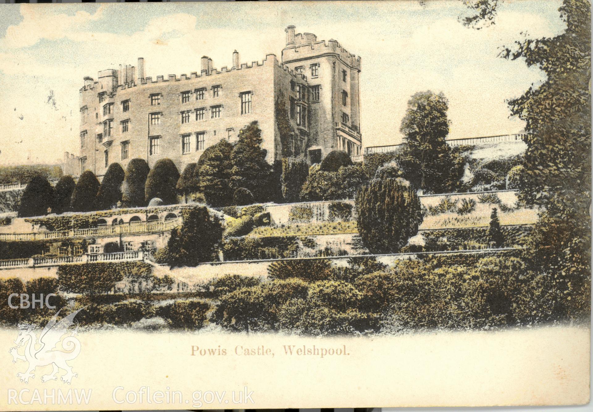 Digitised postcard image of Powis Castle showing Castle and terraces. Produced by Parks and Gardens Data Services, from an original item in the Peter Davis Collection at Parks and Gardens UK. We hold only web-resolution images of this collection, suitable for viewing on screen and for research purposes only. We do not hold the original images, or publication quality scans.
