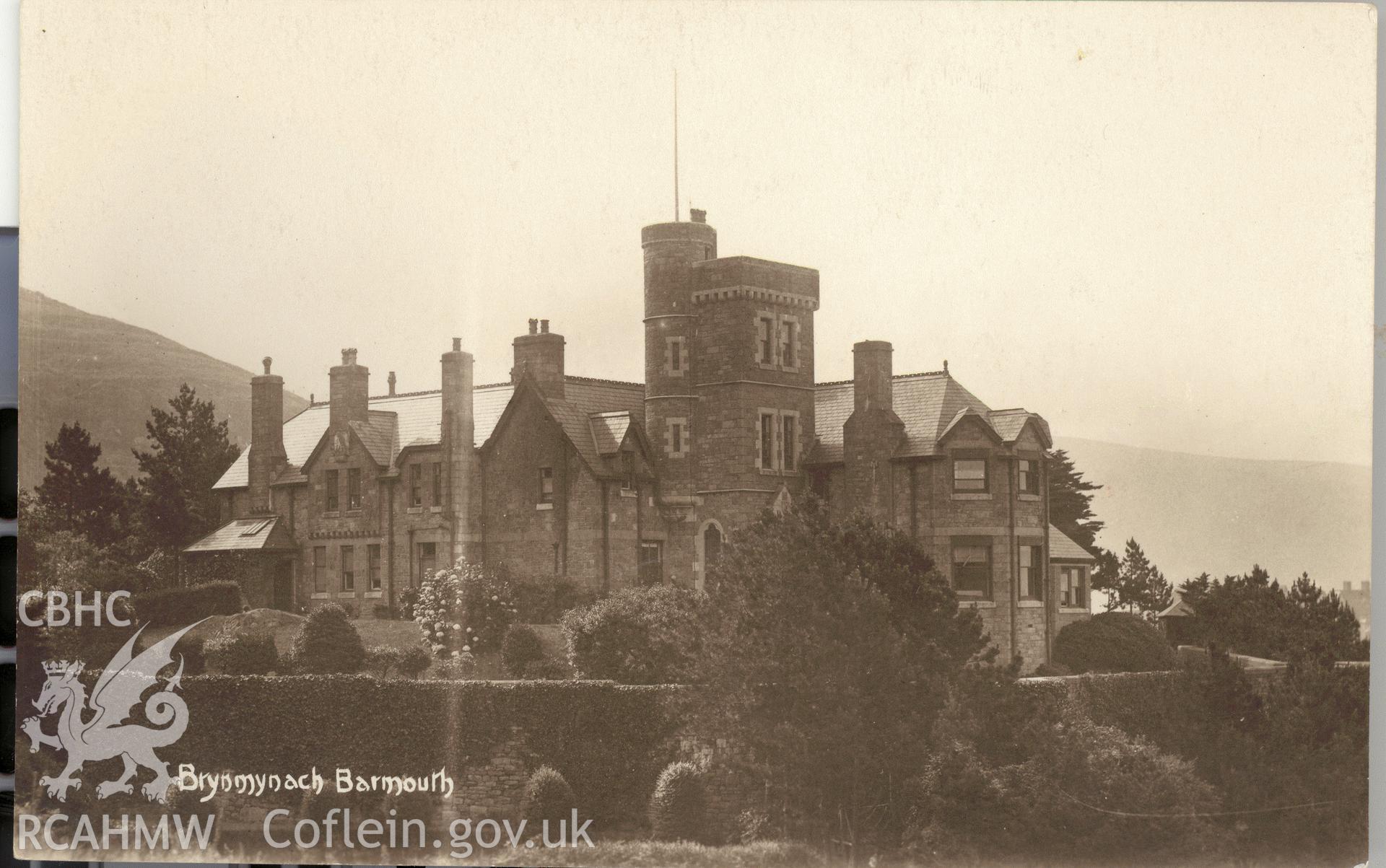 Digitised postcard image of Bryn Mynach, Barmouth. Produced by Parks and Gardens Data Services, from an original item in the Peter Davis Collection at Parks and Gardens UK. We hold only web-resolution images of this collection, suitable for viewing on screen and for research purposes only. We do not hold the original images, or publication quality scans.