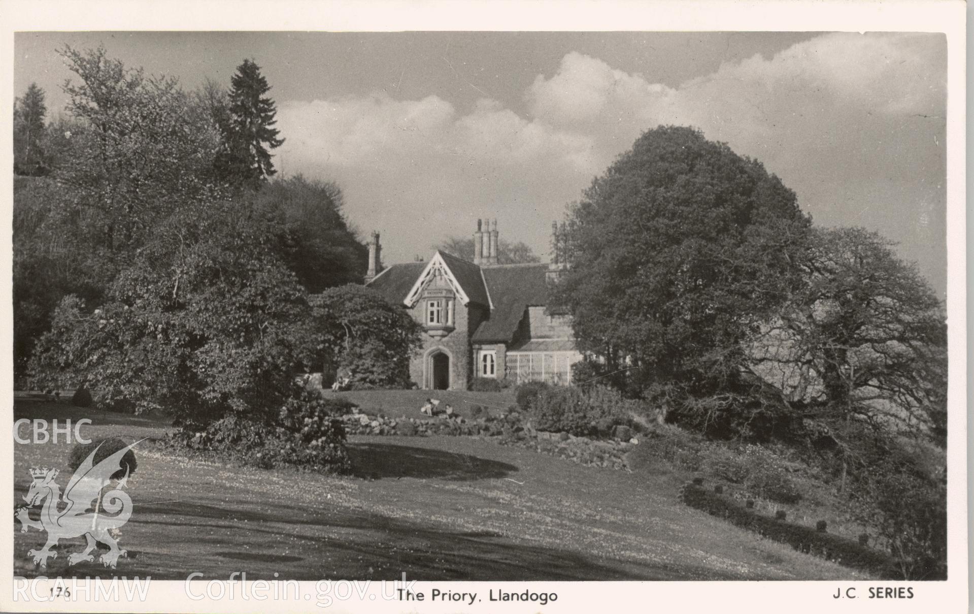 Digitised postcard image of the Priory, Llandogo. Produced by Parks and Gardens Data Services, from an original item in the Peter Davis Collection at Parks and Gardens UK. We hold only web-resolution images of this collection, suitable for viewing on screen and for research purposes only. We do not hold the original images, or publication quality scans.