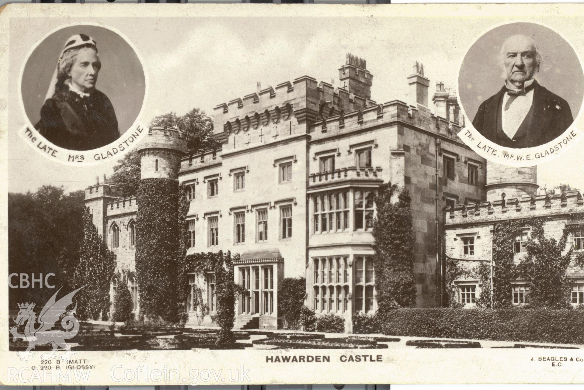 Digitised postcard image of Hawarden Castle, J Beagles & Co., Printers and Publishers, London. Produced by Parks and Gardens Data Services, from an original item in the Peter Davis Collection at Parks and Gardens UK. We hold only web-resolution images of this collection, suitable for viewing on screen and for research purposes only. We do not hold the original images, or publication quality scans.
