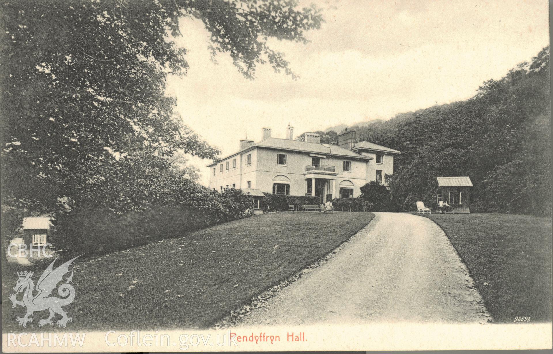 Digitised postcard image of Pendyffryn Hall, Penmaenmawr, the Scientific Press Ltd. Produced by Parks and Gardens Data Services, from an original item in the Peter Davis Collection at Parks and Gardens UK. We hold only web-resolution images of this collection, suitable for viewing on screen and for research purposes only. We do not hold the original images, or publication quality scans.