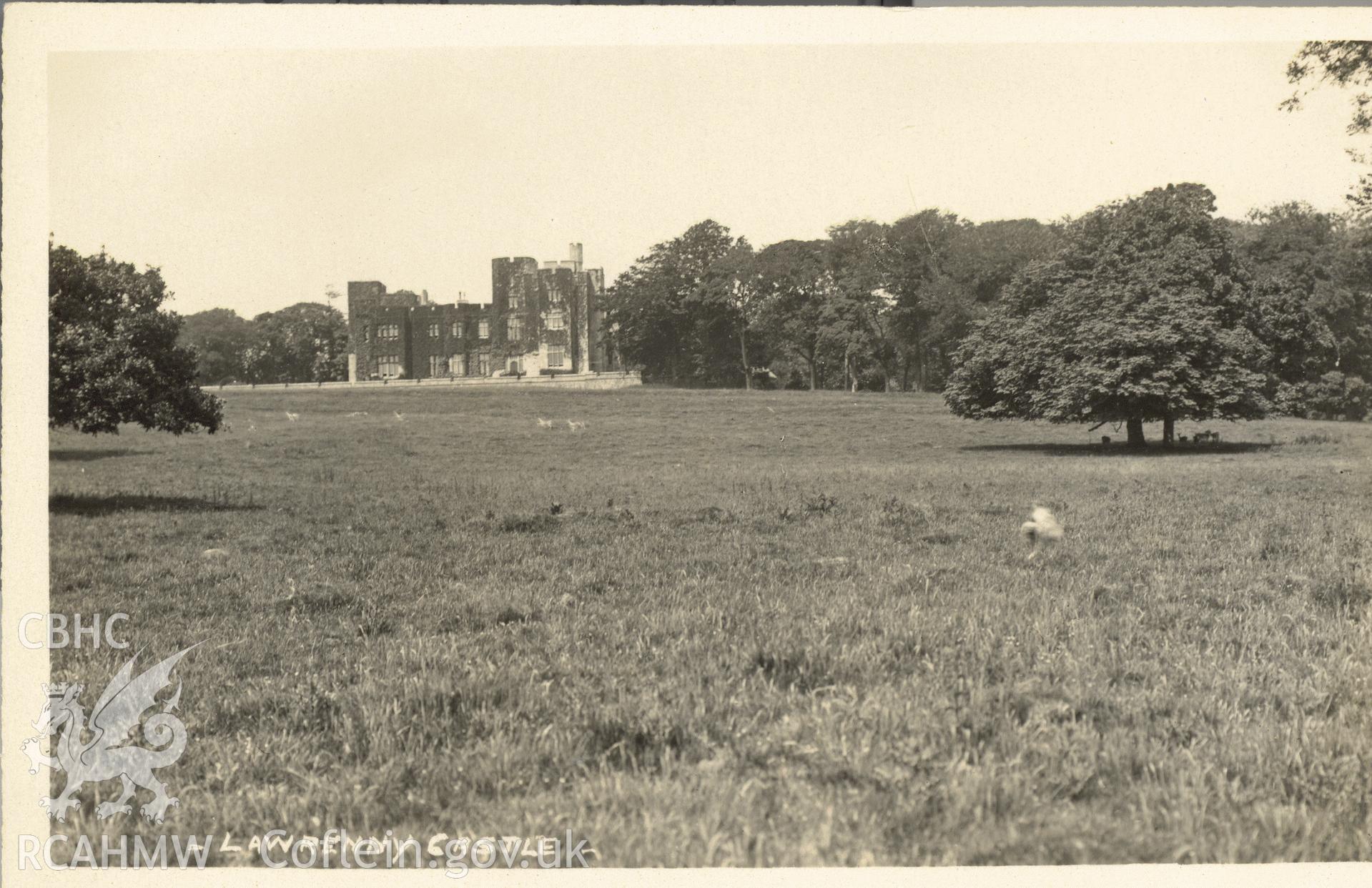 Digitised postcard image of Lawrenny Castle, S.J. Allen, Photographer, Pembroke Dock. Produced by Parks and Gardens Data Services, from an original item in the Peter Davis Collection at Parks and Gardens UK. We hold only web-resolution images of this collection, suitable for viewing on screen and for research purposes only. We do not hold the original images, or publication quality scans.
