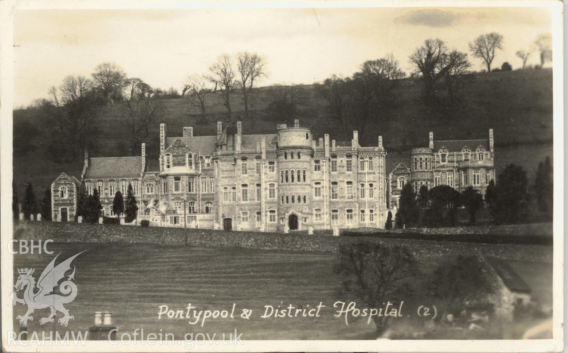 Digitised postcard image of Pontypool and District Hospital. Produced by Parks and Gardens Data Services, from an original item in the Peter Davis Collection at Parks and Gardens UK. We hold only web-resolution images of this collection, suitable for viewing on screen and for research purposes only. We do not hold the original images, or publication quality scans.