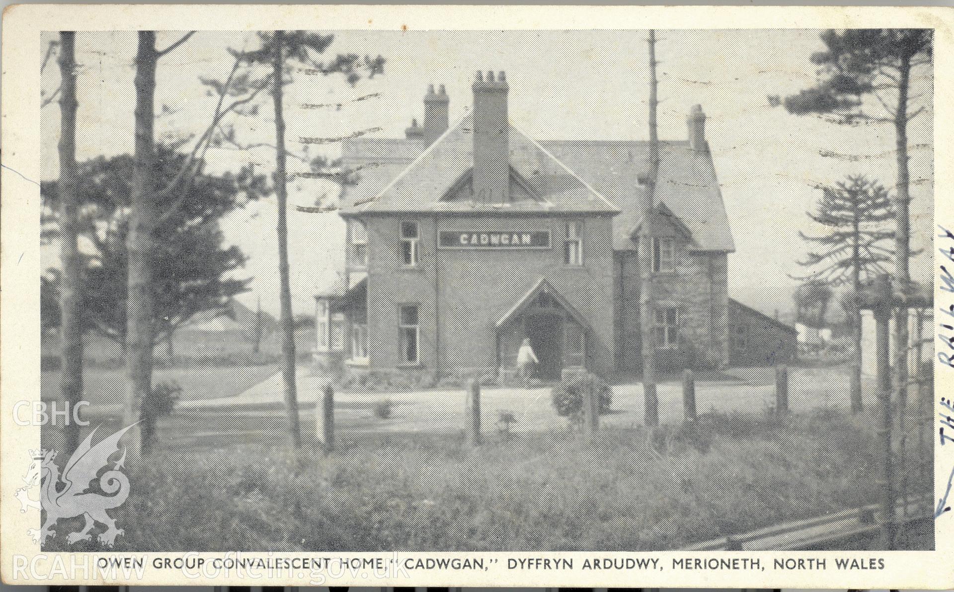 Digitised postcard image of Cadwgan Hotel. Produced by Parks and Gardens Data Services, from an original item in the Peter Davis Collection at Parks and Gardens UK. We hold only web-resolution images of this collection, suitable for viewing on screen and for research purposes only. We do not hold the original images, or publication quality scans.