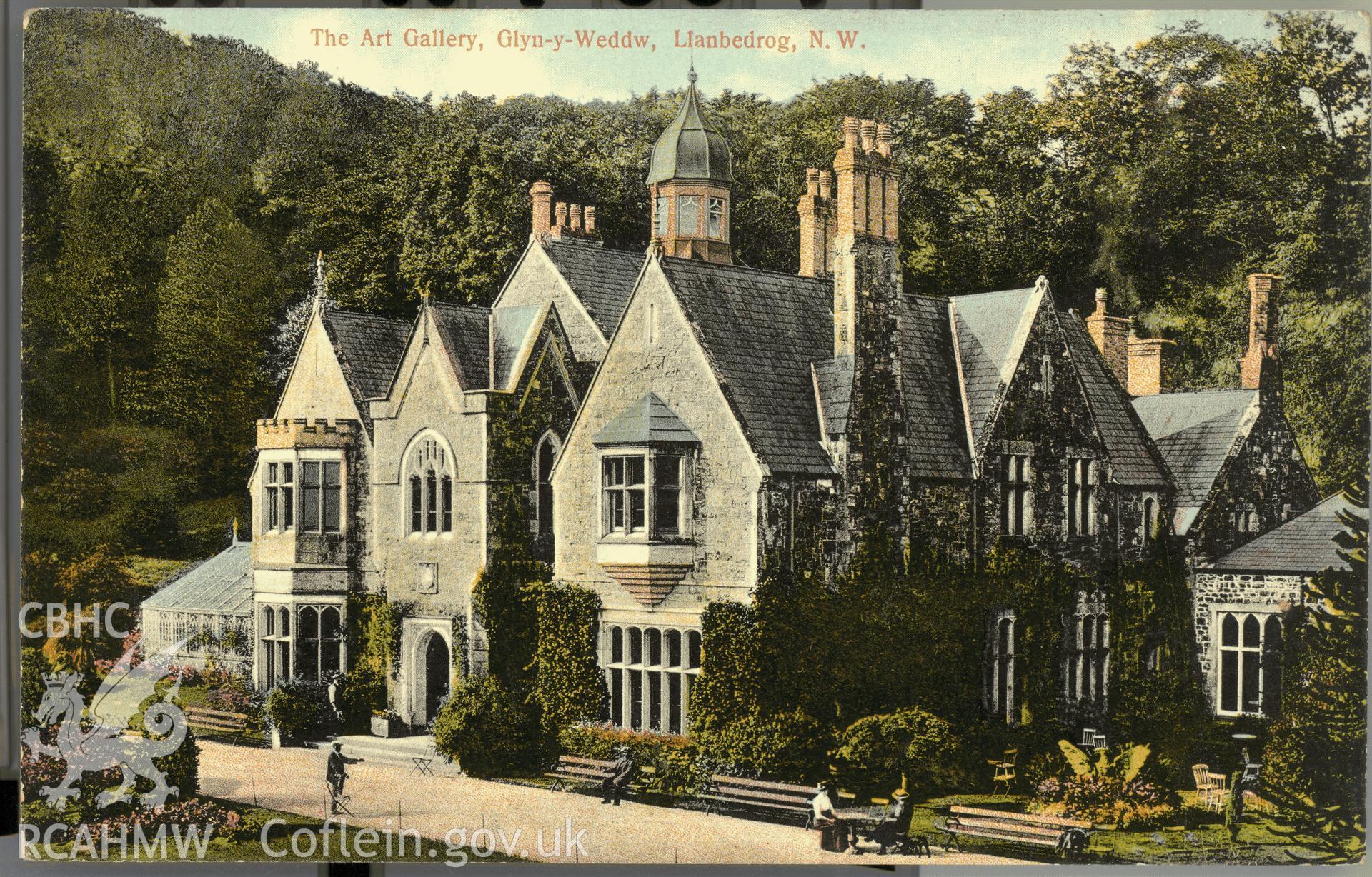 Digitised postcard image of Plas Glyn y weddw, Llanbedrog, with figures, F.H. May. Produced by Parks and Gardens Data Services, from an original item in the Peter Davis Collection at Parks and Gardens UK. We hold only web-resolution images of this collection, suitable for viewing on screen and for research purposes only. We do not hold the original images, or publication quality scans.