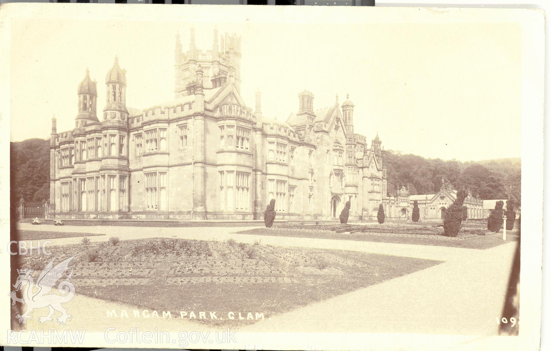 Digitised postcard image of Margam Castle, the Miles Series, Ewenny Road Studio, Bridgend. Produced by Parks and Gardens Data Services, from an original item in the Peter Davis Collection at Parks and Gardens UK. We hold only web-resolution images of this collection, suitable for viewing on screen and for research purposes only. We do not hold the original images, or publication quality scans.