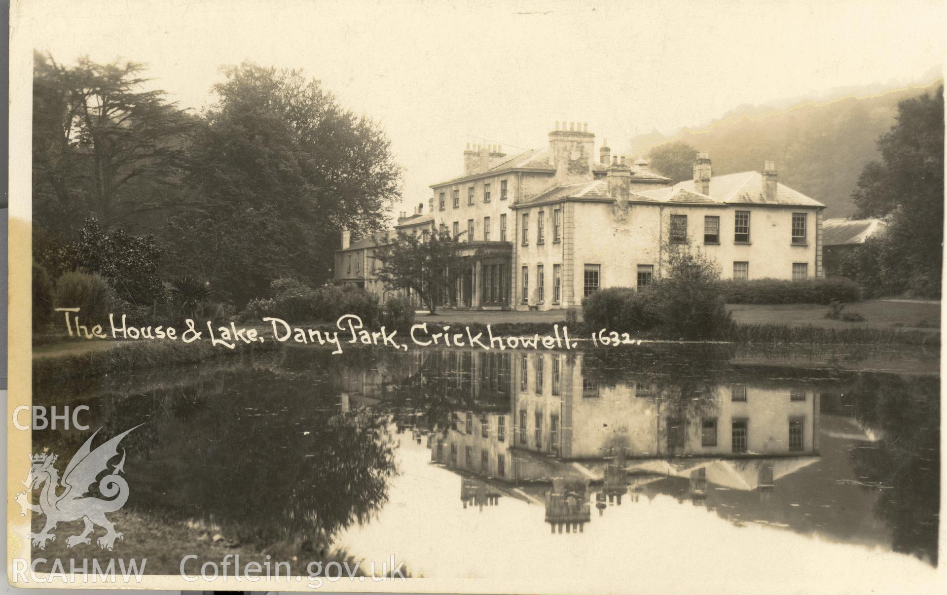 Digitised postcard image of Dan-y-Park, Llangattock, Viner Bromo. Produced by Parks and Gardens Data Services, from an original item in the Peter Davis Collection at Parks and Gardens UK. We hold only web-resolution images of this collection, suitable for viewing on screen and for research purposes only. We do not hold the original images, or publication quality scans.