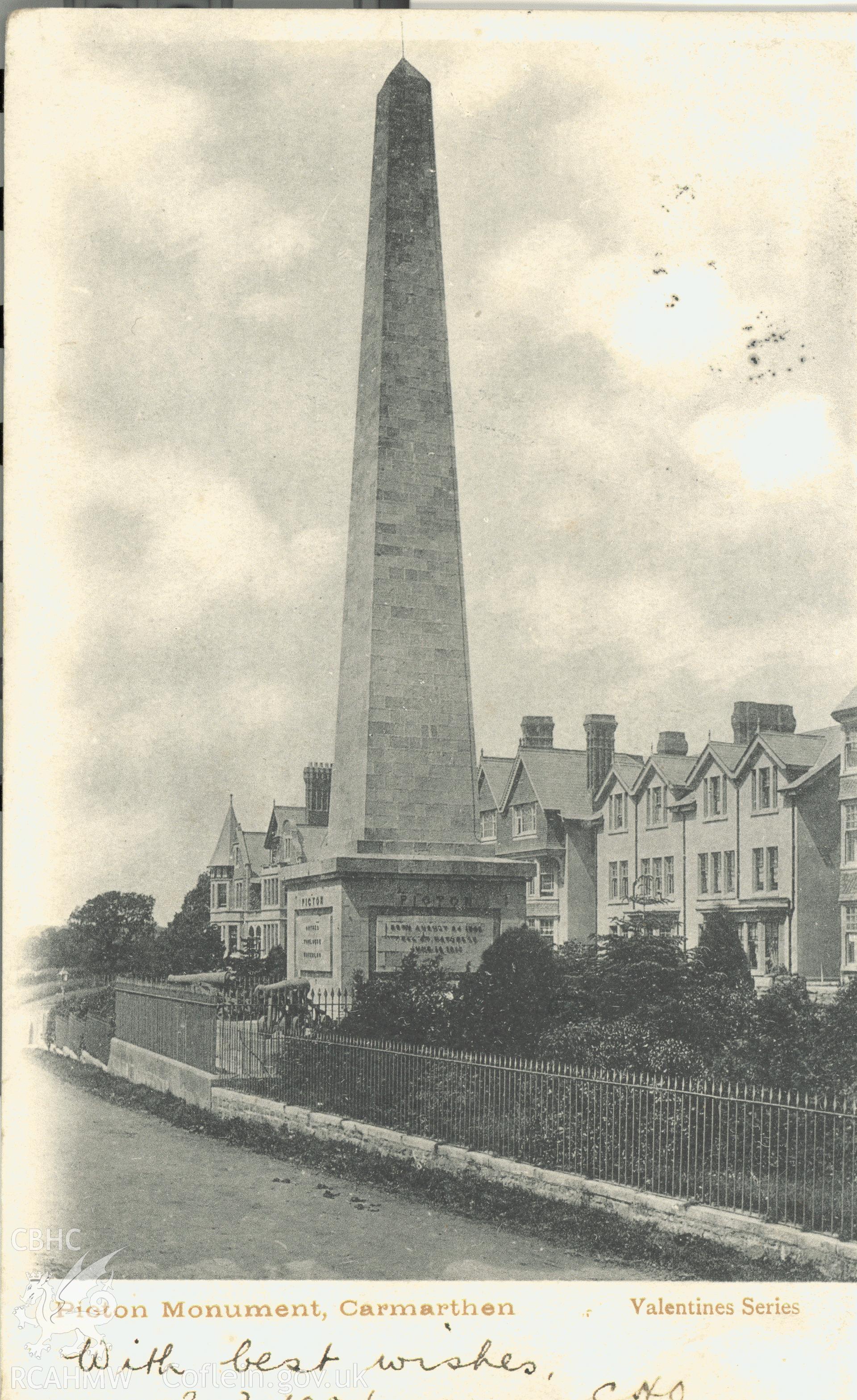 Digitised postcard image of The Picton Monument, Slebech, Valentine's Series. Produced by Parks and Gardens Data Services, from an original item in the Peter Davis Collection at Parks and Gardens UK. We hold only web-resolution images of this collection, suitable for viewing on screen and for research purposes only. We do not hold the original images, or publication quality scans.