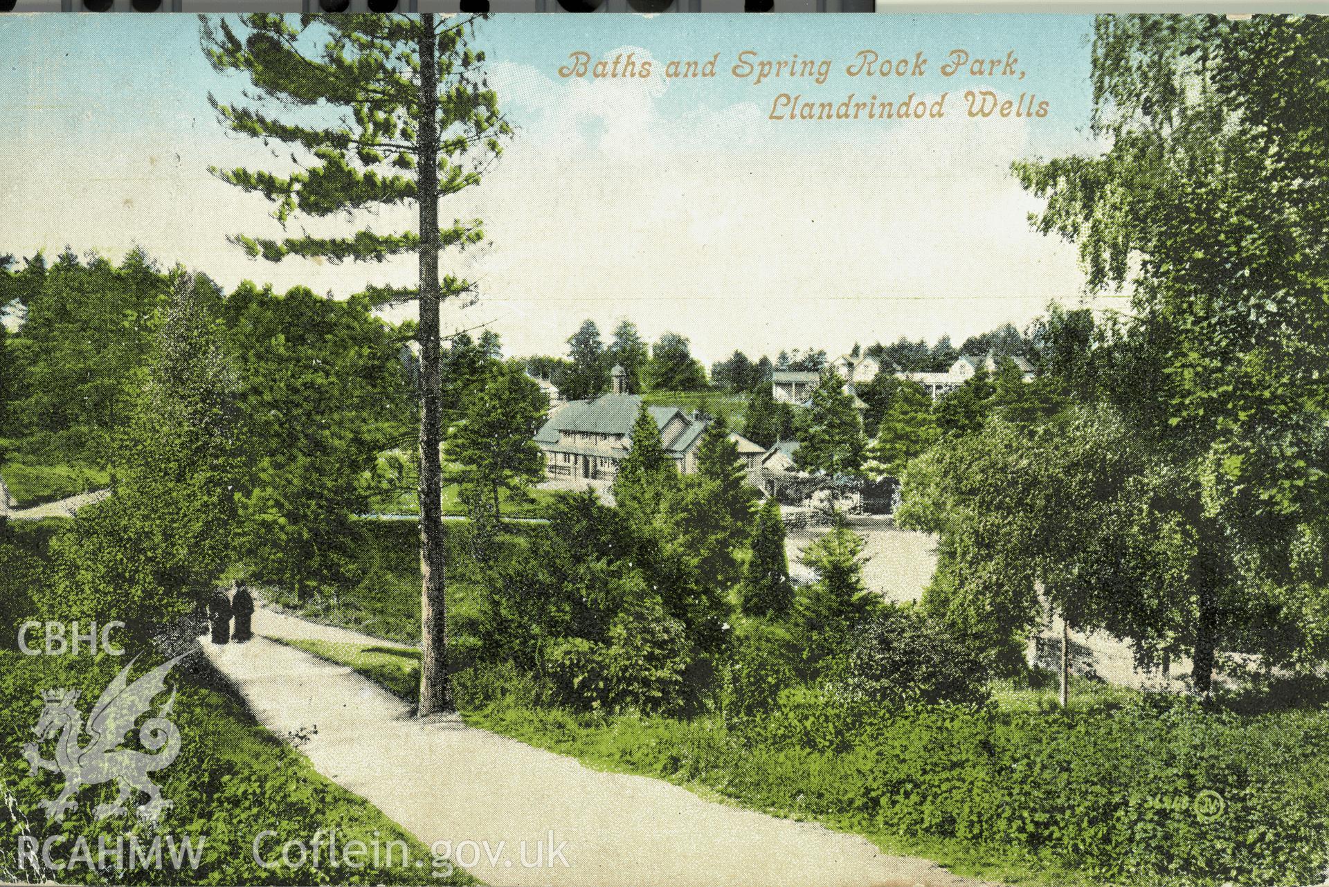 Digitised postcard image of Baths and Spring Rock Park, Llandrindod Wells, Valentine and Sons Ltd. Produced by Parks and Gardens Data Services, from an original item in the Peter Davis Collection at Parks and Gardens UK. We hold only web-resolution images of this collection, suitable for viewing on screen and for research purposes only. We do not hold the original images, or publication quality scans.
