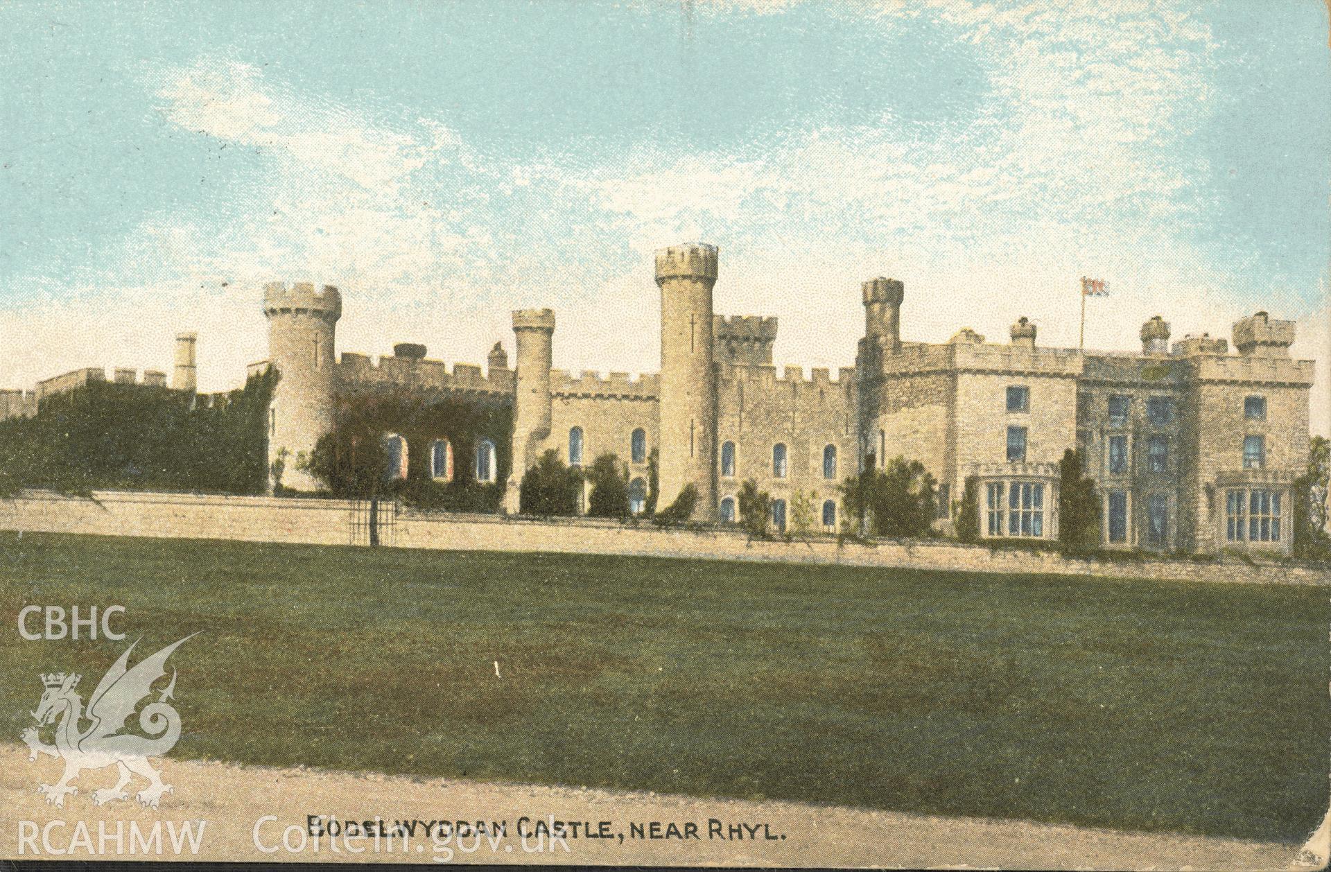 Digitised postcard image of Bodelwyddan Castle / Lowther College. Produced by Parks and Gardens Data Services, from an original item in the Peter Davis Collection at Parks and Gardens UK. We hold only web-resolution images of this collection, suitable for viewing on screen and for research purposes only. We do not hold the original images, or publication quality scans.