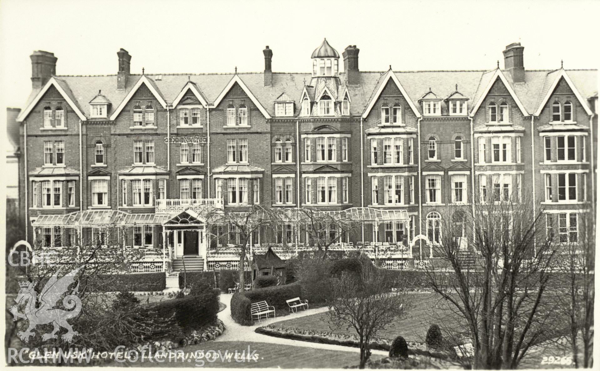 Digitised postcard image of Glen Usk Hotel, Llandrindod Wells, R.D.M. Hill. Produced by Parks and Gardens Data Services, from an original item in the Peter Davis Collection at Parks and Gardens UK. We hold only web-resolution images of this collection, suitable for viewing on screen and for research purposes only. We do not hold the original images, or publication quality scans.
