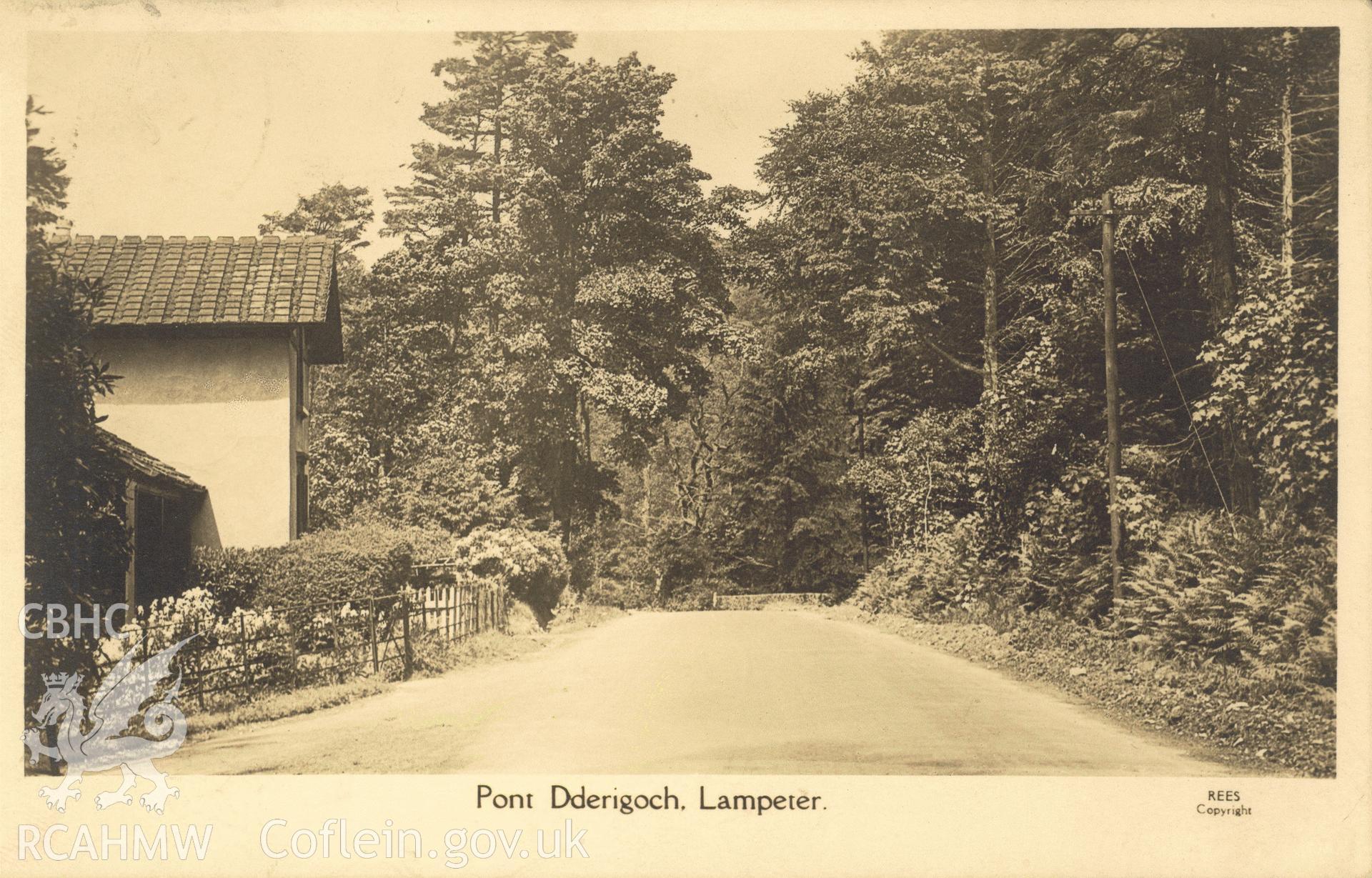 Digitised postcard image of Pont Dderigoch, near Falcondale Mansion, Lampeter, J.L. Rees, 10 Harford Square, Lampeter. Produced by Parks and Gardens Data Services, from an original item in the Peter Davis Collection at Parks and Gardens UK. We hold only web-resolution images of this collection, suitable for viewing on screen and for research purposes only. We do not hold the original images, or publication quality scans.