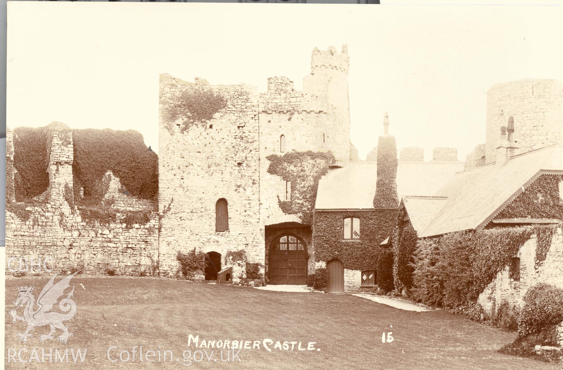 Digitised postcard image of Manorbier Castle, H. Mortimer Allen, Tenby. Produced by Parks and Gardens Data Services, from an original item in the Peter Davis Collection at Parks and Gardens UK. We hold only web-resolution images of this collection, suitable for viewing on screen and for research purposes only. We do not hold the original images, or publication quality scans.