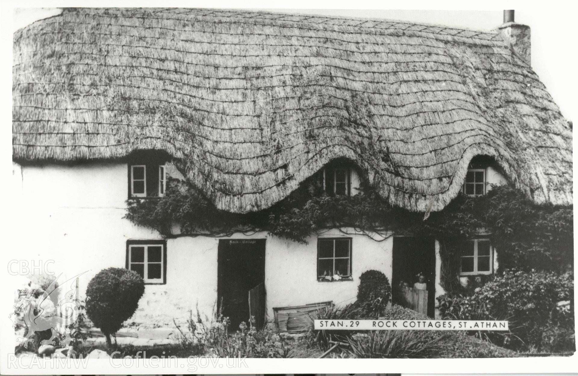 Digitised postcard image of Rock Cottages, St Athan, Frith's Series. Produced by Parks and Gardens Data Services, from an original item in the Peter Davis Collection at Parks and Gardens UK. We hold only web-resolution images of this collection, suitable for viewing on screen and for research purposes only. We do not hold the original images, or publication quality scans.