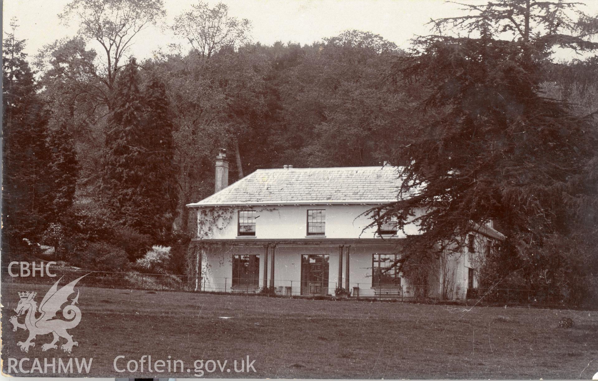 Digitised postcard image of Penmyarth House, Penmyarth. Produced by Parks and Gardens Data Services, from an original item in the Peter Davis Collection at Parks and Gardens UK. We hold only web-resolution images of this collection, suitable for viewing on screen and for research purposes only. We do not hold the original images, or publication quality scans.