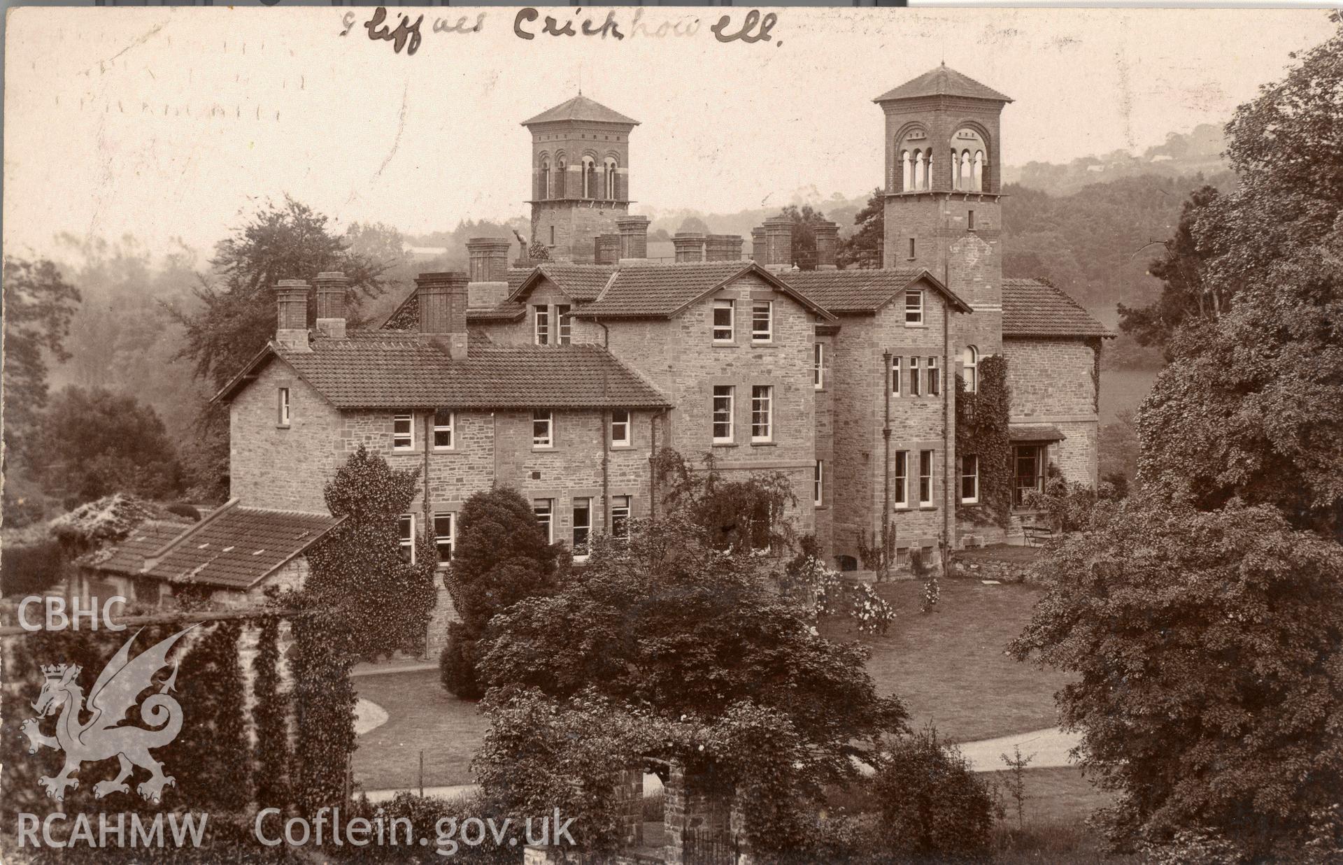 Digitised postcard image of Gliffaes House. Produced by Parks and Gardens Data Services, from an original item in the Peter Davis Collection at Parks and Gardens UK. We hold only web-resolution images of this collection, suitable for viewing on screen and for research purposes only. We do not hold the original images, or publication quality scans.