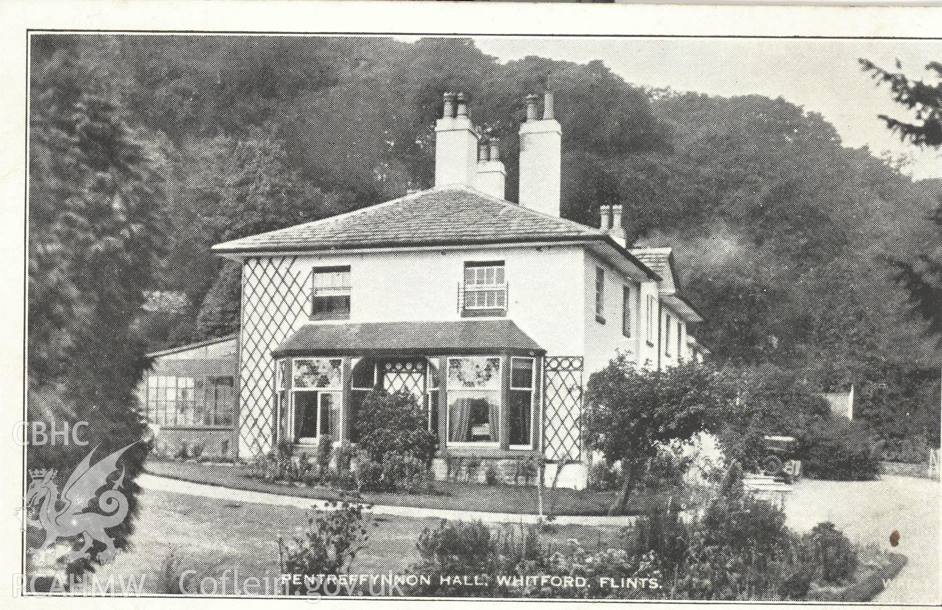 Digitised postcard image of Pentreffynnon Hall, Whitford. Produced by Parks and Gardens Data Services, from an original item in the Peter Davis Collection at Parks and Gardens UK. We hold only web-resolution images of this collection, suitable for viewing on screen and for research purposes only. We do not hold the original images, or publication quality scans.