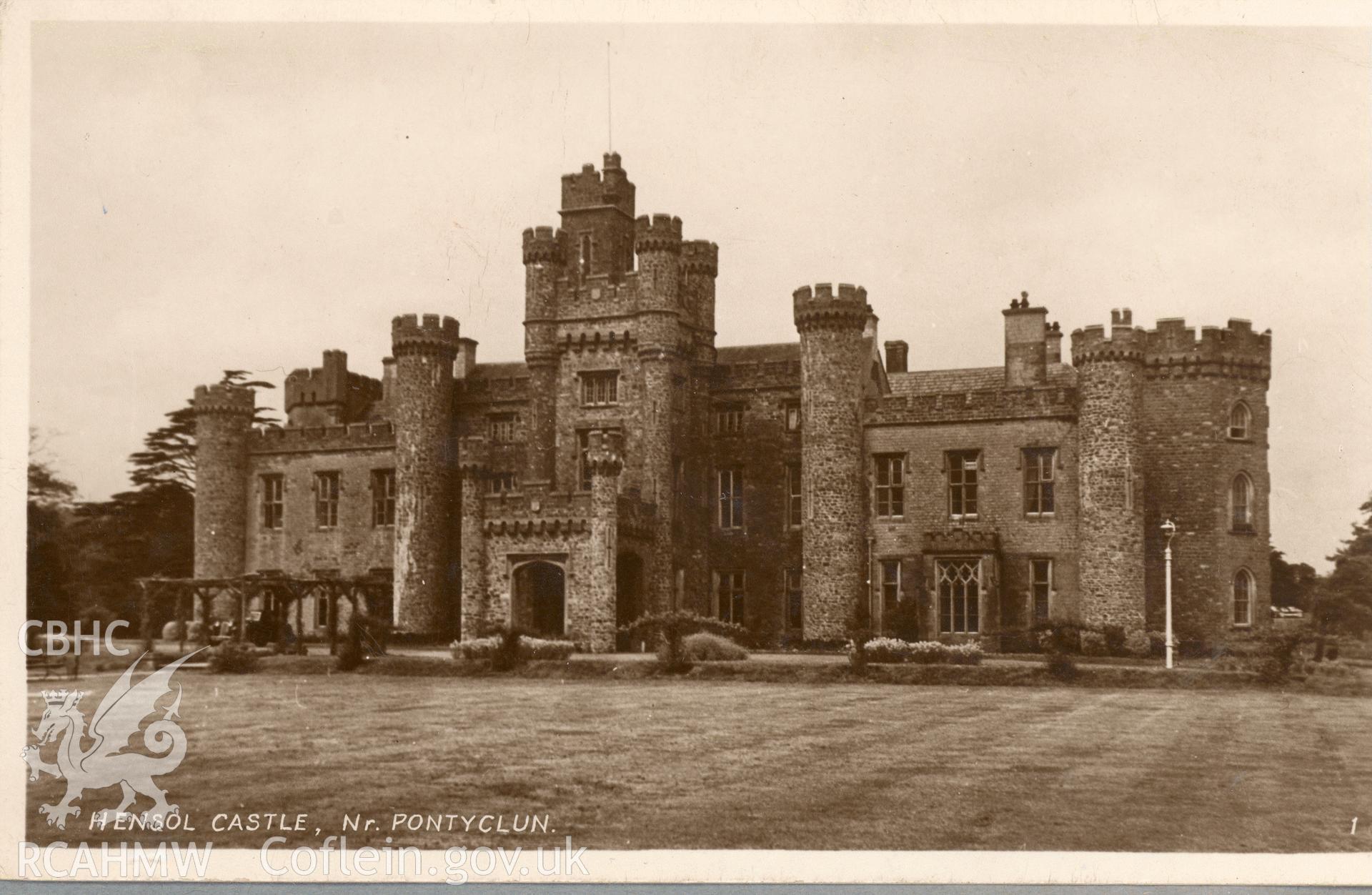Digitised postcard image of Hensol castle, Pendoylan, The R.A (postcards) Ltd., London. Produced by Parks and Gardens Data Services, from an original item in the Peter Davis Collection at Parks and Gardens UK. We hold only web-resolution images of this collection, suitable for viewing on screen and for research purposes only. We do not hold the original images, or publication quality scans.