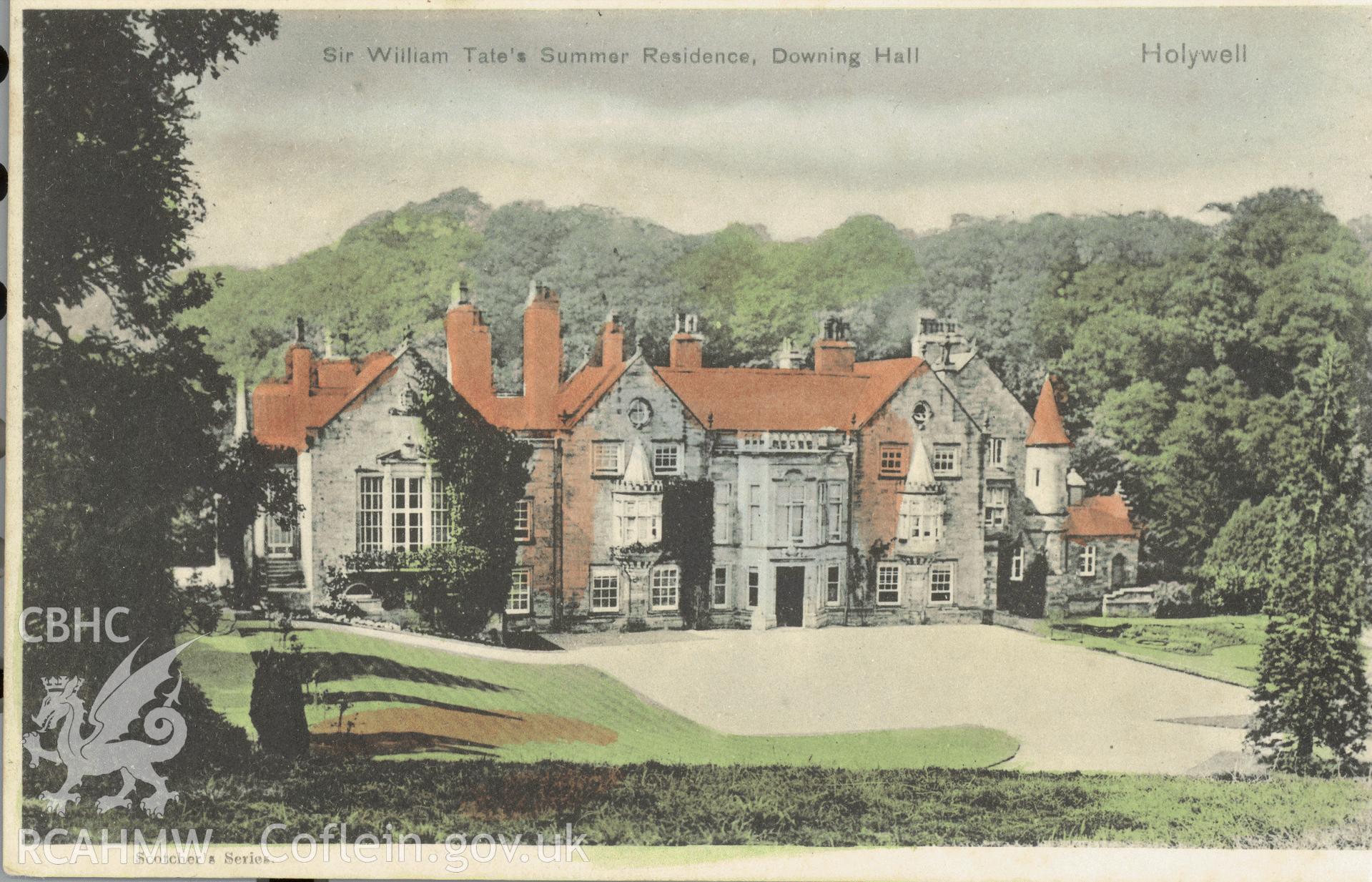 Digitised postcard image of Downing Hall, Scotcher's Series Published by Stewart and Woolf, London. Produced by Parks and Gardens Data Services, from an original item in the Peter Davis Collection at Parks and Gardens UK. We hold only web-resolution images of this collection, suitable for viewing on screen and for research purposes only. We do not hold the original images, or publication quality scans.