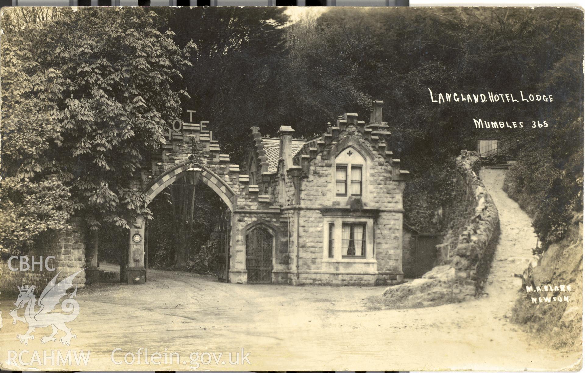 Digitised postcard image of lodge in grounds of Langland Bay Hotel, Langland, M A Clare, Newton. Produced by Parks and Gardens Data Services, from an original item in the Peter Davis Collection at Parks and Gardens UK. We hold only web-resolution images of this collection, suitable for viewing on screen and for research purposes only. We do not hold the original images, or publication quality scans.