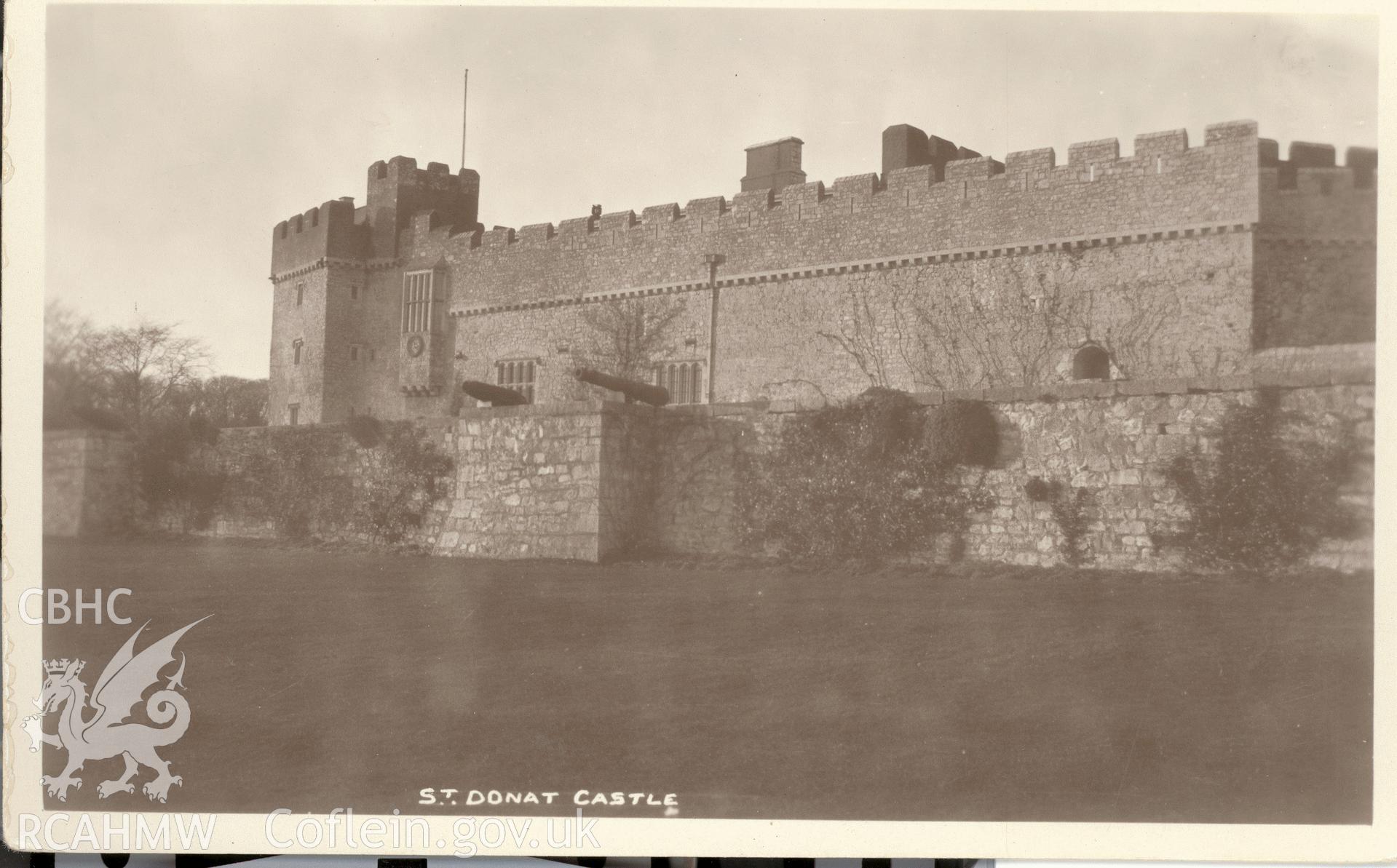 Digitised postcard image of St Donat's Castle, W.H. Fisher, (Bristol House). Produced by Parks and Gardens Data Services, from an original item in the Peter Davis Collection at Parks and Gardens UK. We hold only web-resolution images of this collection, suitable for viewing on screen and for research purposes only. We do not hold the original images, or publication quality scans.