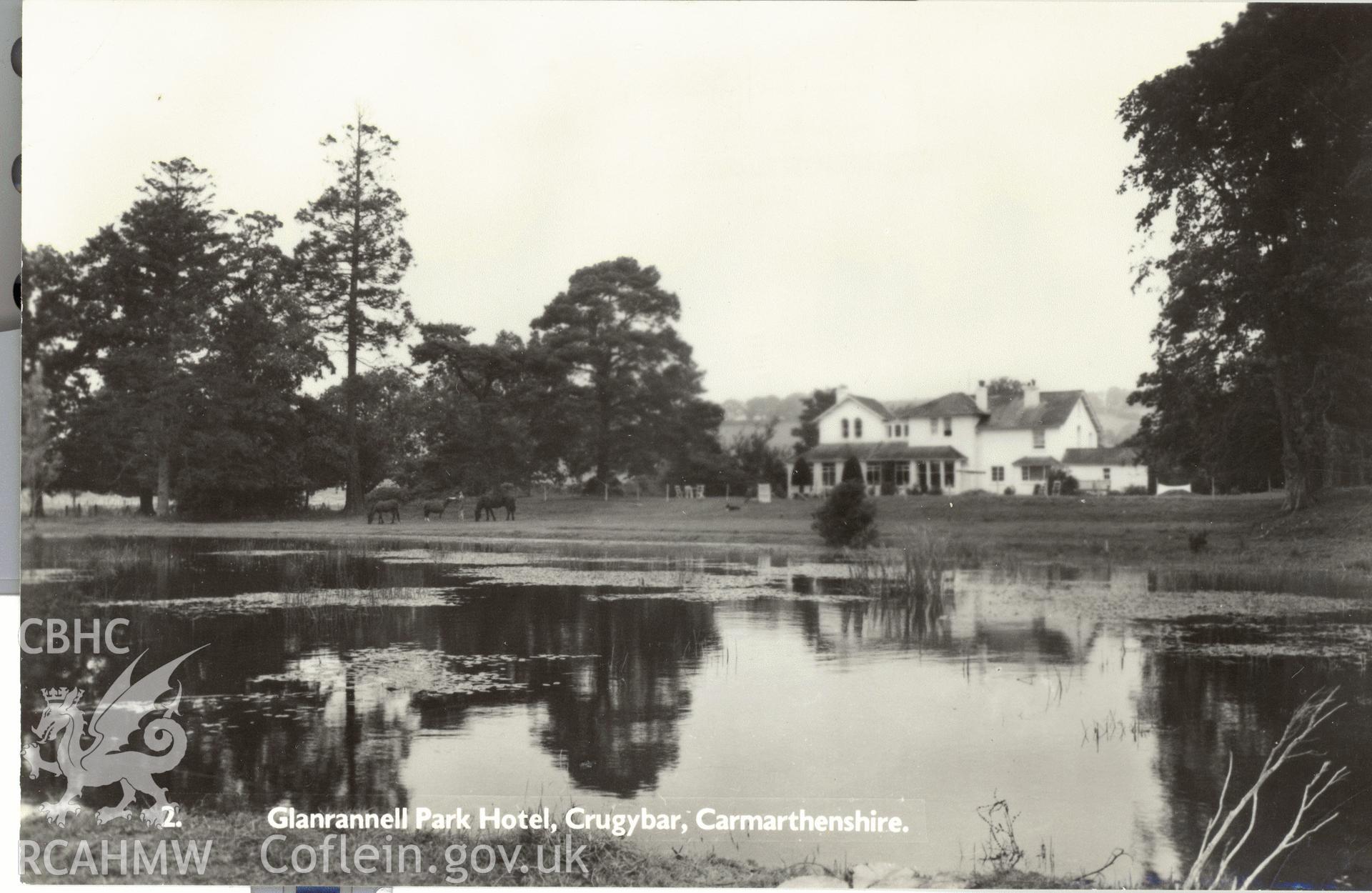 Digitised postcard image of Glanrannell Park Hotel. Produced by Parks and Gardens Data Services, from an original item in the Peter Davis Collection at Parks and Gardens UK. We hold only web-resolution images of this collection, suitable for viewing on screen and for research purposes only. We do not hold the original images, or publication quality scans.