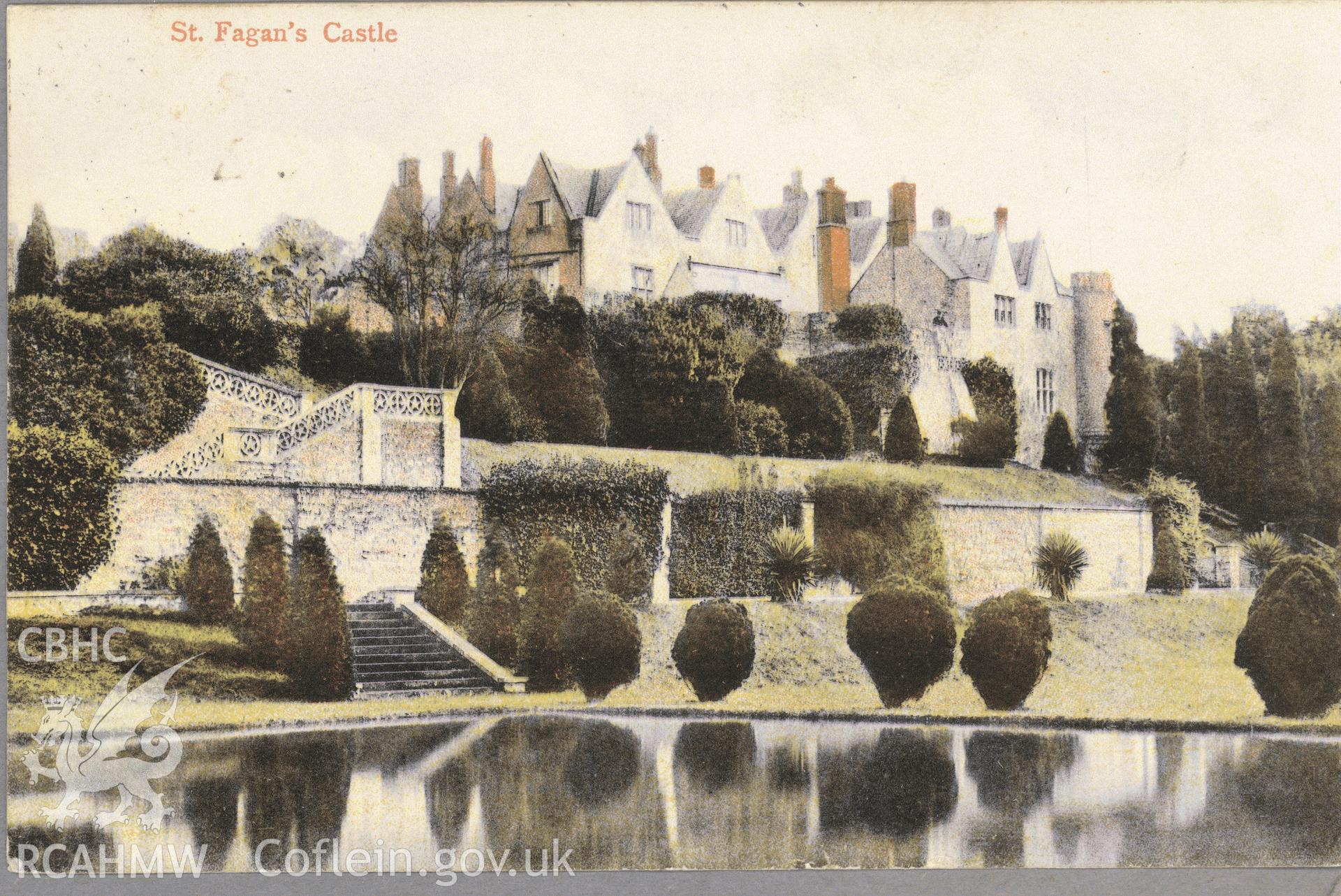 Digitised postcard image of St Fagans castle. Produced by Parks and Gardens Data Services, from an original item in the Peter Davis Collection at Parks and Gardens UK. We hold only web-resolution images of this collection, suitable for viewing on screen and for research purposes only. We do not hold the original images, or publication quality scans.
