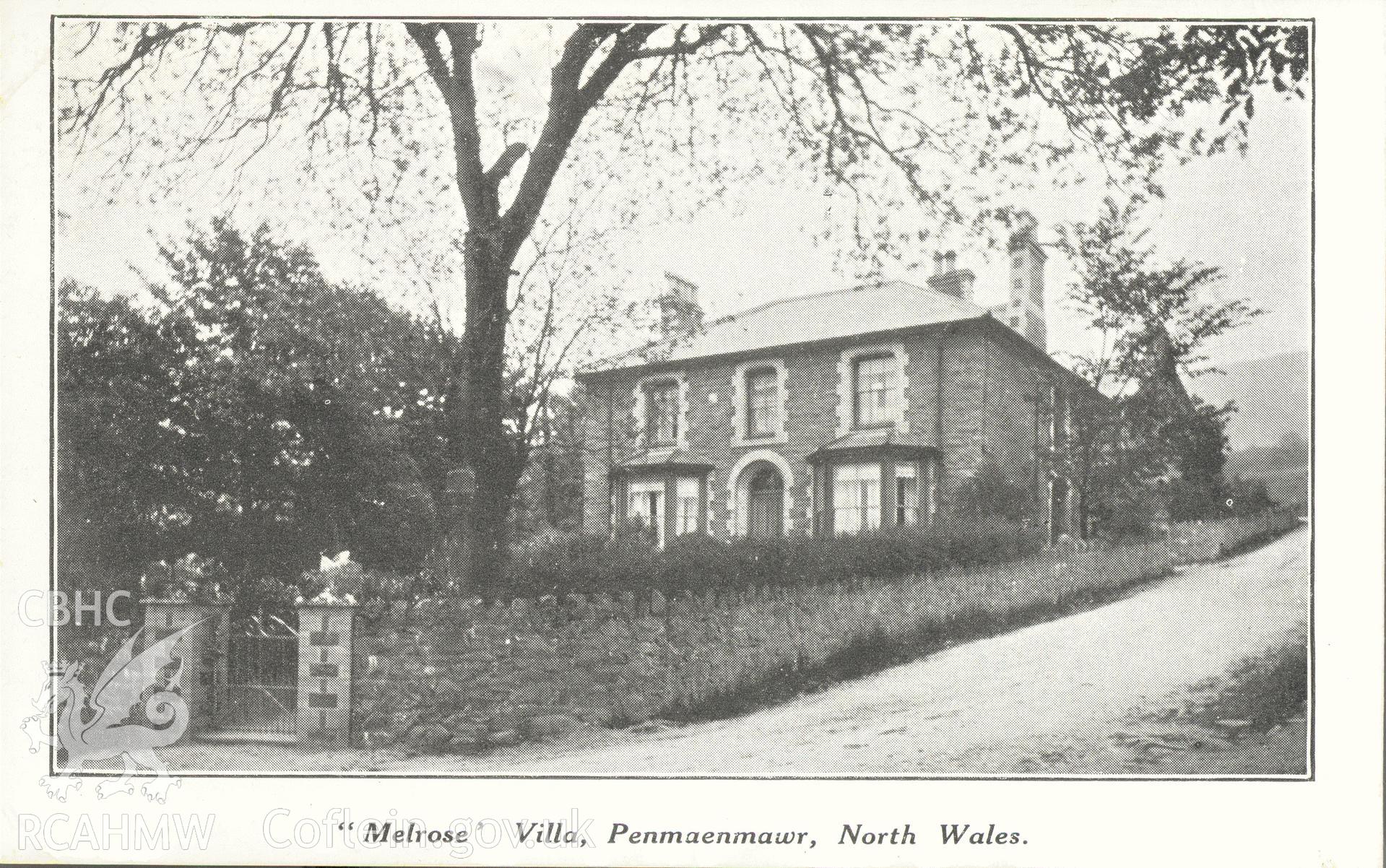 Digitised postcard image of Melrose Villa, Penmaenmawr. Produced by Parks and Gardens Data Services, from an original item in the Peter Davis Collection at Parks and Gardens UK. We hold only web-resolution images of this collection, suitable for viewing on screen and for research purposes only. We do not hold the original images, or publication quality scans.