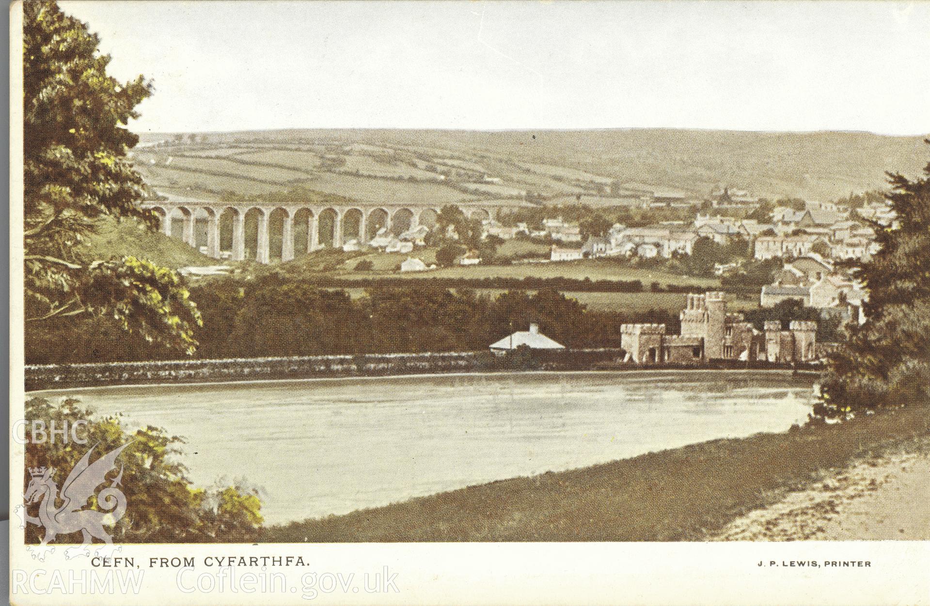 Digitised postcard image of Cyfarthfa Park, Merthyr Tydfil, showing lake, Castle, town(Cefn) and viaduct beyond, J.P. Lewis, Printer. Produced by Parks and Gardens Data Services, from an original item in the Peter Davis Collection at Parks and Gardens UK. We hold only web-resolution images of this collection, suitable for viewing on screen and for research purposes only. We do not hold the original images, or publication quality scans.