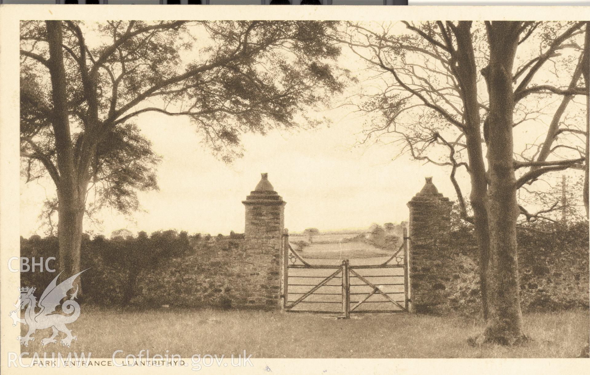 Digitised postcard image of park entrance, Llantrithyd, the R.A.P. Co.,Ltd. Produced by Parks and Gardens Data Services, from an original item in the Peter Davis Collection at Parks and Gardens UK. We hold only web-resolution images of this collection, suitable for viewing on screen and for research purposes only. We do not hold the original images, or publication quality scans.