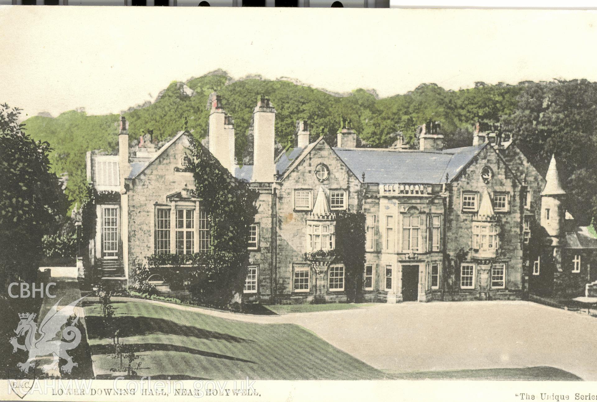 Digitised postcard image of Downing Hall, The Unique Series T.S.B. & C. Produced by Parks and Gardens Data Services, from an original item in the Peter Davis Collection at Parks and Gardens UK. We hold only web-resolution images of this collection, suitable for viewing on screen and for research purposes only. We do not hold the original images, or publication quality scans.