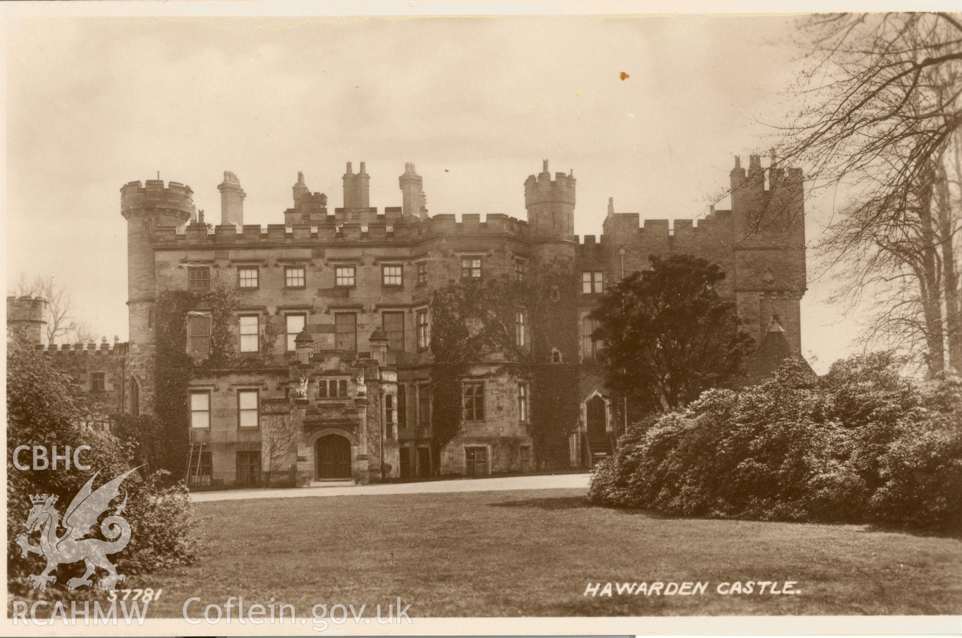 Digitised postcard image of Hawarden Castle, Valentine and Sons Ltd. Produced by Parks and Gardens Data Services, from an original item in the Peter Davis Collection at Parks and Gardens UK. We hold only web-resolution images of this collection, suitable for viewing on screen and for research purposes only. We do not hold the original images, or publication quality scans.