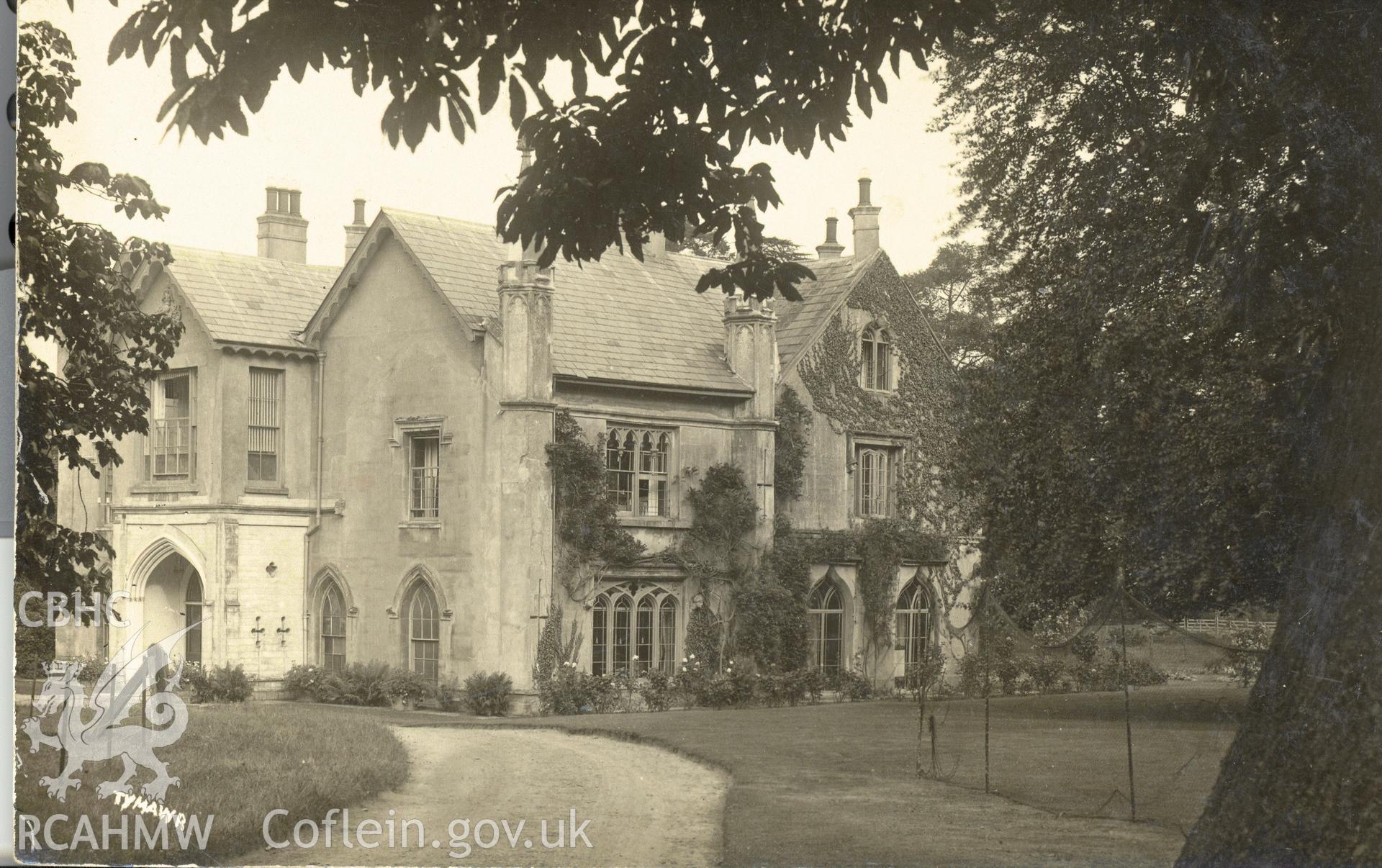 Digitised postcard image of Ty Mawr, Llanfrynach, J. Clark, 13 High Street, Brecon. Produced by Parks and Gardens Data Services, from an original item in the Peter Davis Collection at Parks and Gardens UK. We hold only web-resolution images of this collection, suitable for viewing on screen and for research purposes only. We do not hold the original images, or publication quality scans.
