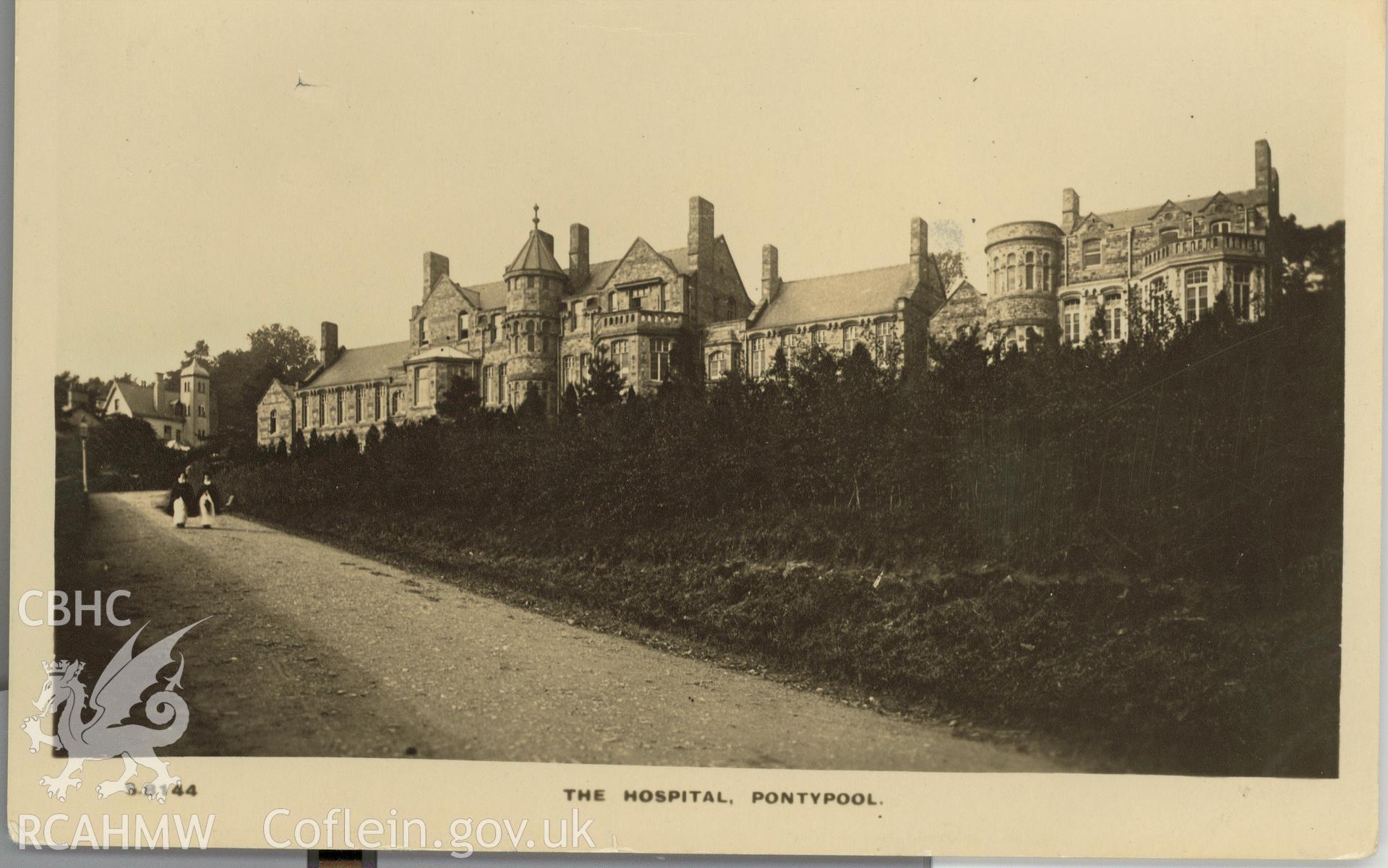 Digitised postcard image of Pontypool and District Hospital, Kingsway Real Photo serie. Produced by Parks and Gardens Data Services, from an original item in the Peter Davis Collection at Parks and Gardens UK. We hold only web-resolution images of this collection, suitable for viewing on screen and for research purposes only. We do not hold the original images, or publication quality scans.