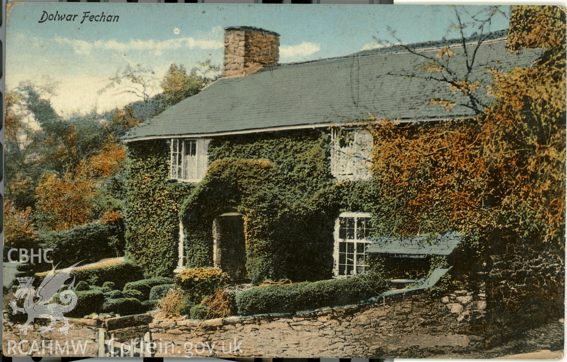 Digitised postcard image of Dolwar Fach, Dolanog. Produced by Parks and Gardens Data Services, from an original item in the Peter Davis Collection at Parks and Gardens UK. We hold only web-resolution images of this collection, suitable for viewing on screen and for research purposes only. We do not hold the original images, or publication quality scans.