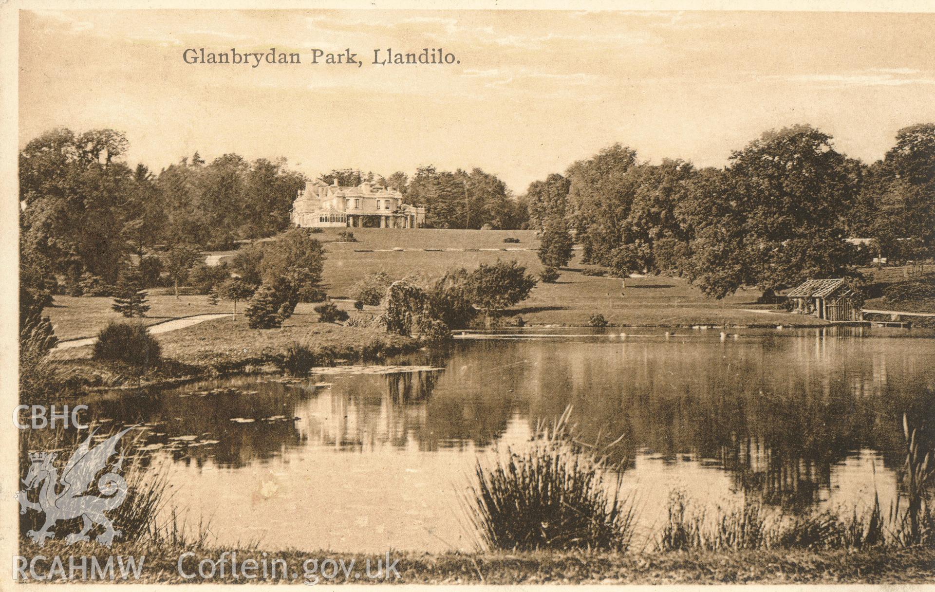 Digitised postcard image of Glanbrydan park, Llandeilo. Produced by Parks and Gardens Data Services, from an original item in the Peter Davis Collection at Parks and Gardens UK. We hold only web-resolution images of this collection, suitable for viewing on screen and for research purposes only. We do not hold the original images, or publication quality scans.