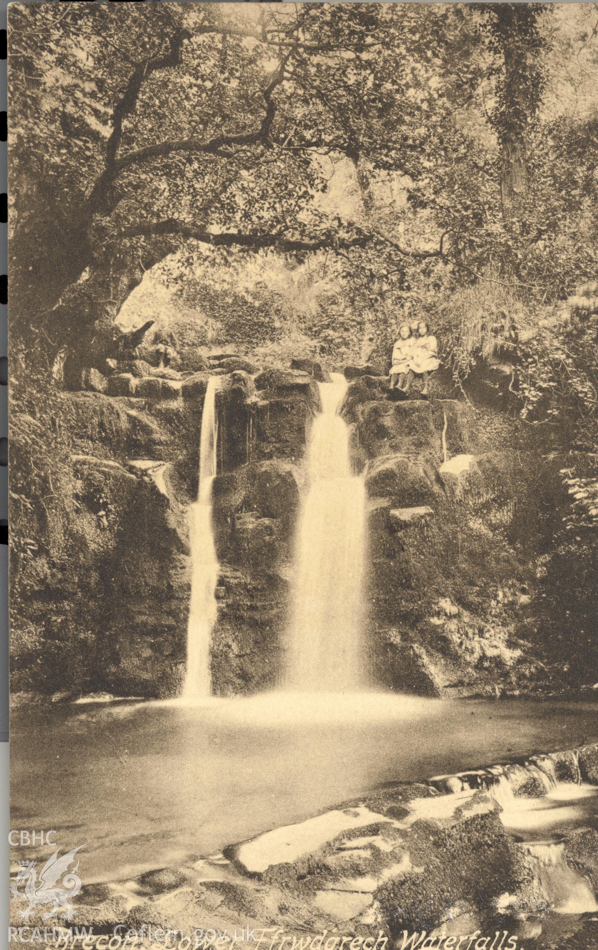 Digitised postcard image of Waterfall, Ffrwdgrech Garden, Brecon, Frith and Co Ltd, Reigate. Produced by Parks and Gardens Data Services, from an original item in the Peter Davis Collection at Parks and Gardens UK. We hold only web-resolution images of this collection, suitable for viewing on screen and for research purposes only. We do not hold the original images, or publication quality scans.