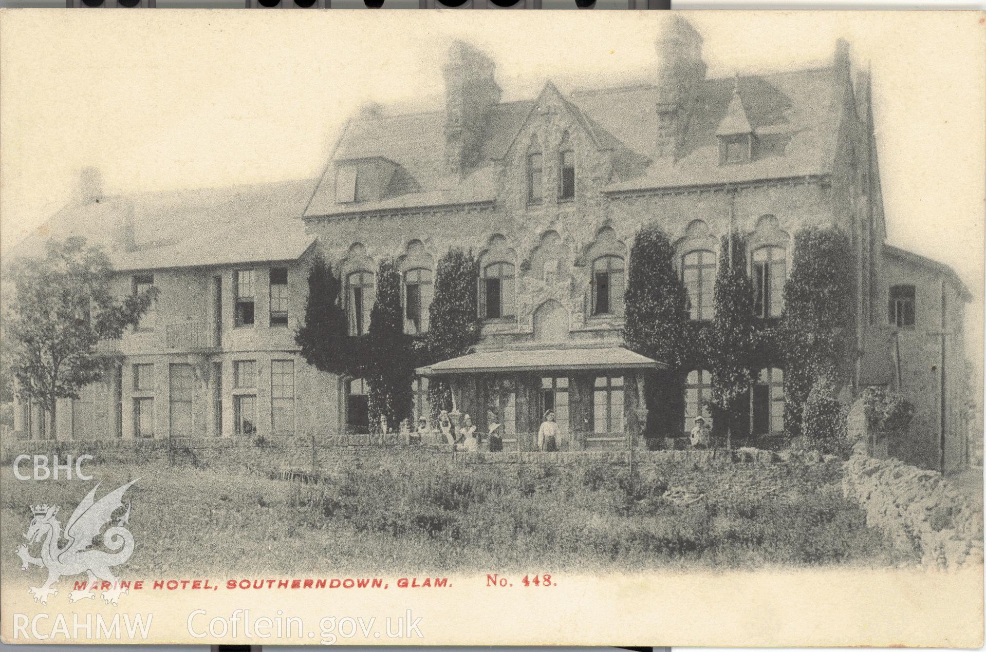 Digitised postcard image of Marine Hotel, Southerndown. Produced by Parks and Gardens Data Services, from an original item in the Peter Davis Collection at Parks and Gardens UK. We hold only web-resolution images of this collection, suitable for viewing on screen and for research purposes only. We do not hold the original images, or publication quality scans.