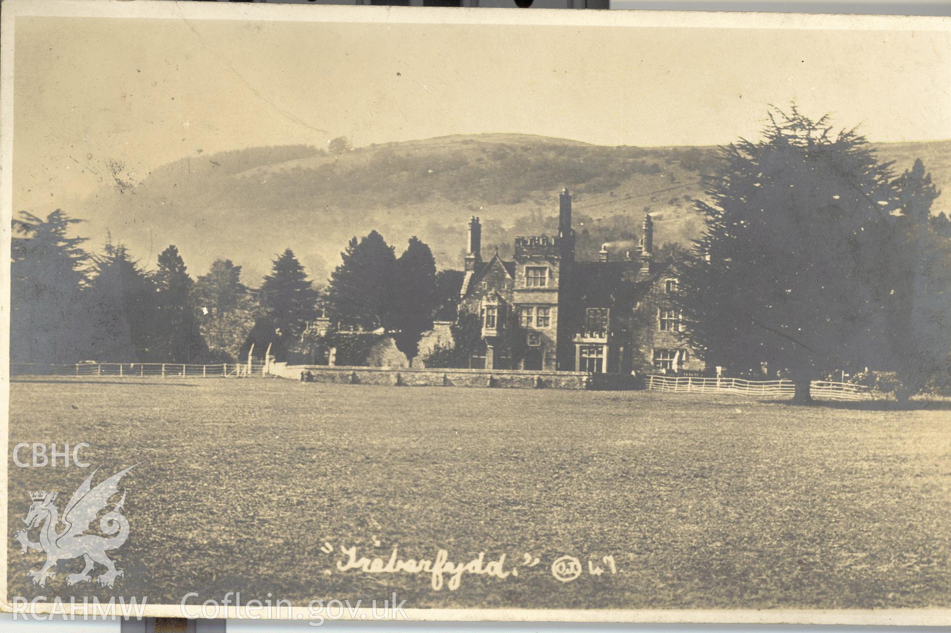 Digitised postcard image of Treberfydd, Llangors, O. Jackson, Wellington Studio, Brecon and Ennig Bazaar, Talgarth. Produced by Parks and Gardens Data Services, from an original item in the Peter Davis Collection at Parks and Gardens UK. We hold only web-resolution images of this collection, suitable for viewing on screen and for research purposes only. We do not hold the original images, or publication quality scans.