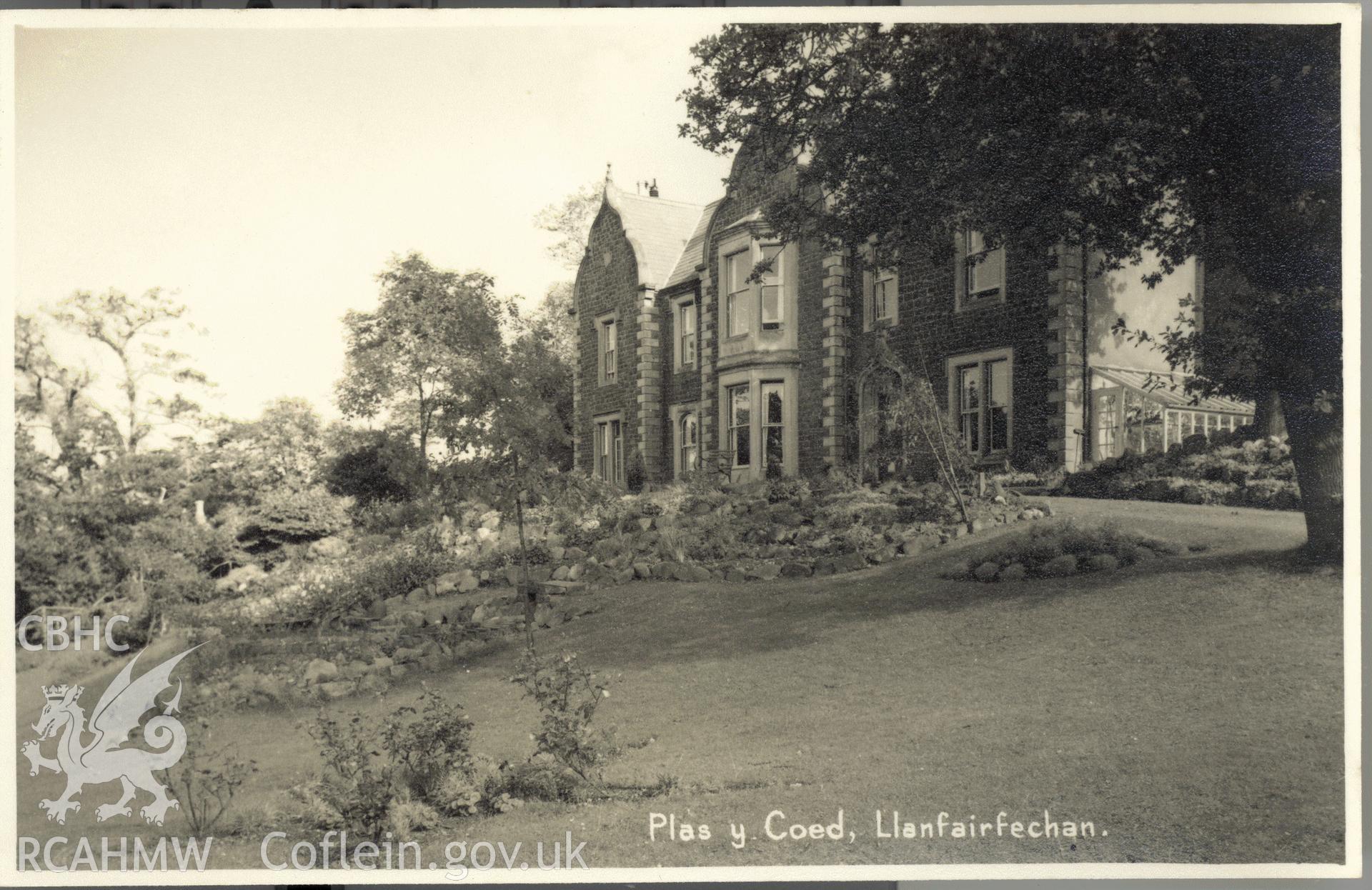Digitised postcard image of Plas-y-Coed, Llanfairfechan. Produced by Parks and Gardens Data Services, from an original item in the Peter Davis Collection at Parks and Gardens UK. We hold only web-resolution images of this collection, suitable for viewing on screen and for research purposes only. We do not hold the original images, or publication quality scans.