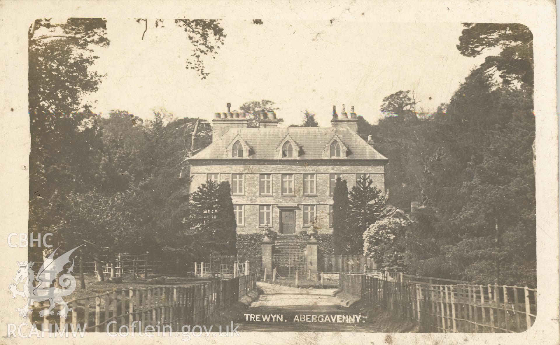 Digitised postcard image of Trewyn Manor, Crucorney. Produced by Parks and Gardens Data Services, from an original item in the Peter Davis Collection at Parks and Gardens UK. We hold only web-resolution images of this collection, suitable for viewing on screen and for research purposes only. We do not hold the original images, or publication quality scans.