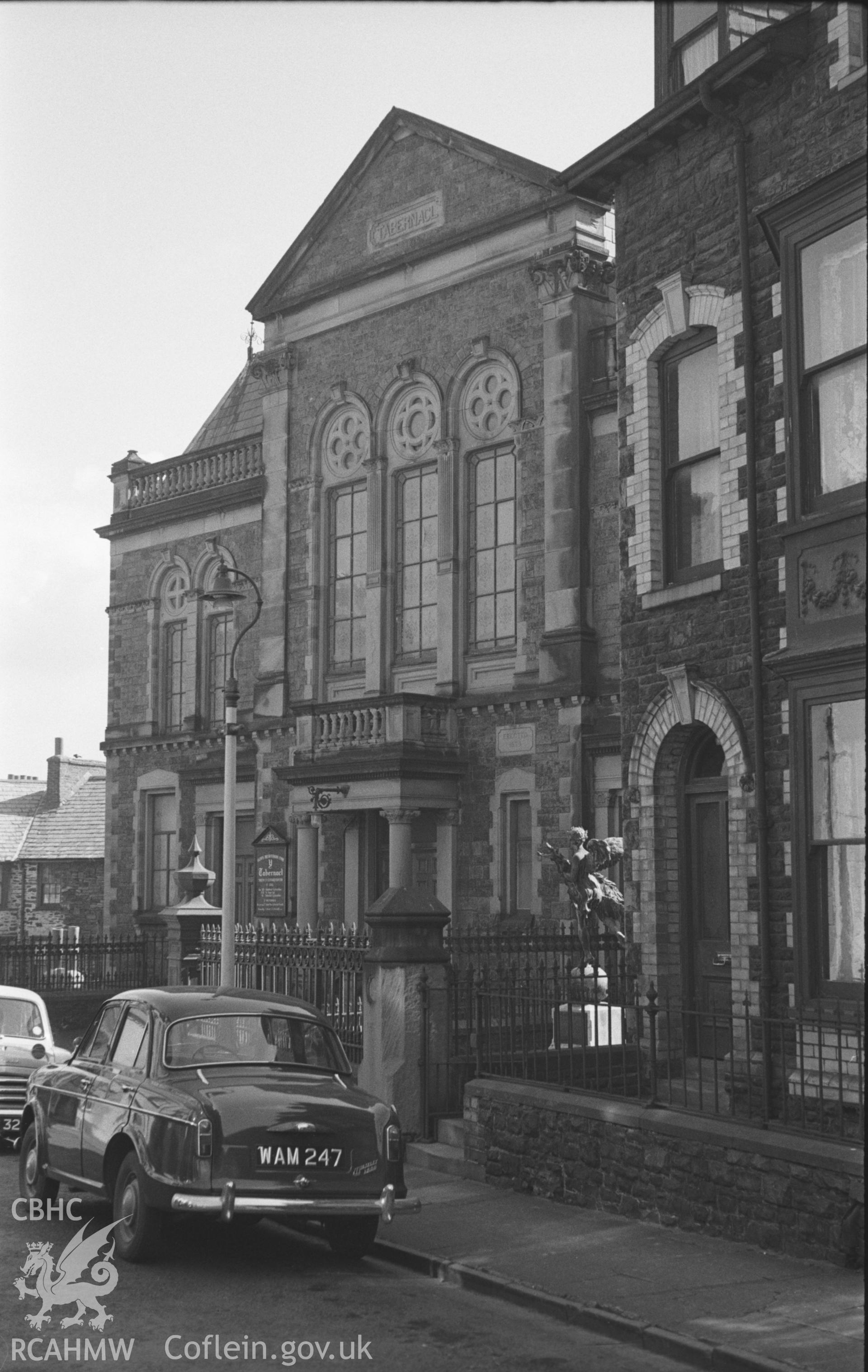 Black and White photograph showing Tabernacle Welsh Calvinistic Methodist chapel, Powell Street, Aberystwyth. Photographed by Arthur Chater in March 1961, from Grid Reference SN 5830 8146, looking east south-east.