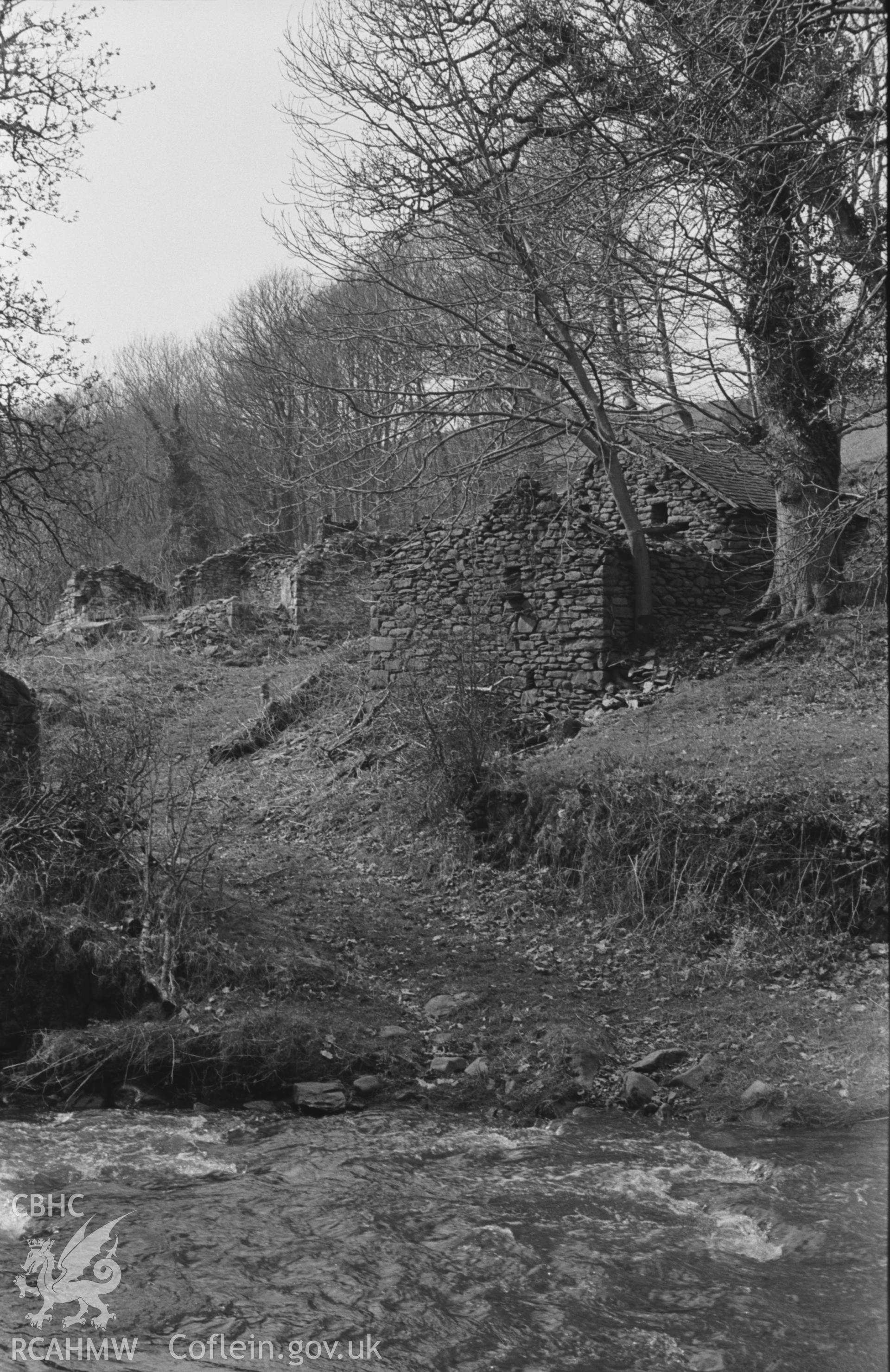 Black and White photograph showing view across the ford at Felin-fach to ruined houses on the north side of the stream, Cwm Peris, Llanon. Photographed by Arthur Chater in April 1962, from Grid Reference SN 534 671, looking north west.