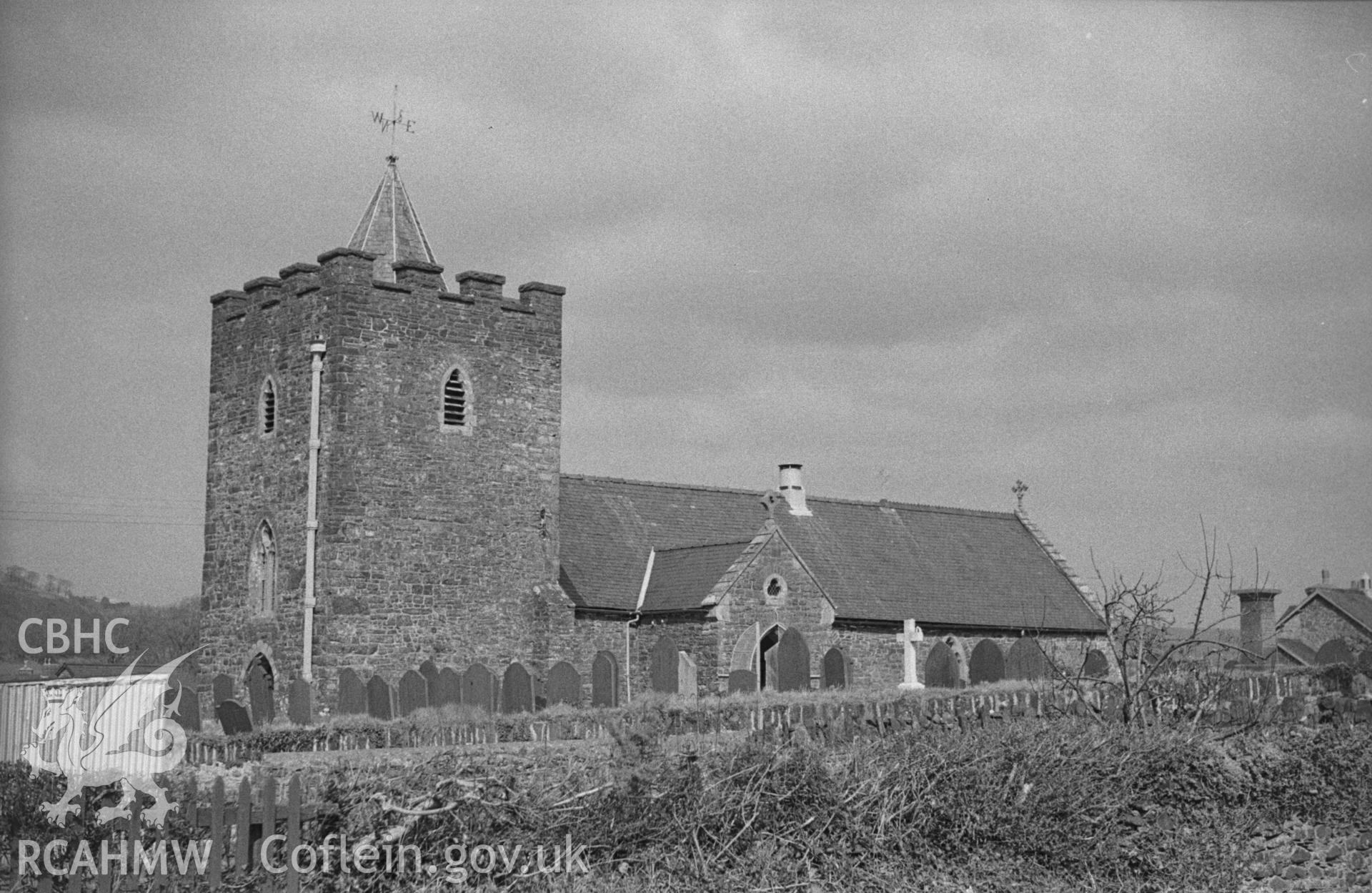 Black and White photograph showing St Hilarys church, Llanilar, from the main road. Photographed by Arthur Chater in April 1962 from Grid Reference SN 623 751, looking north east.
