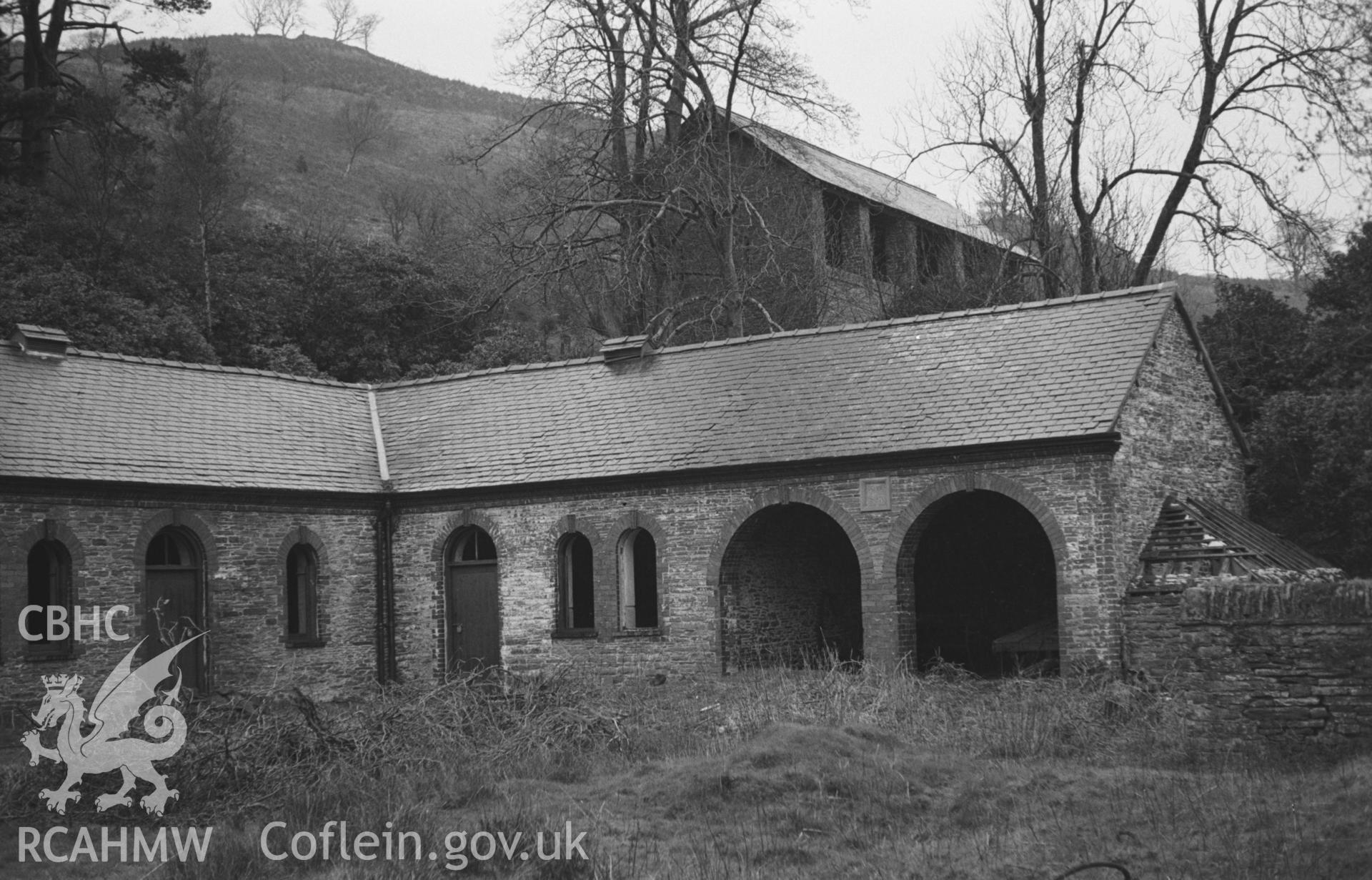 Black and White photograph showing Hafod Uchtryd stable buildings. Photographed by Arthur Chater in March 1961 from Grid Reference SN 759 733, looking north-east.